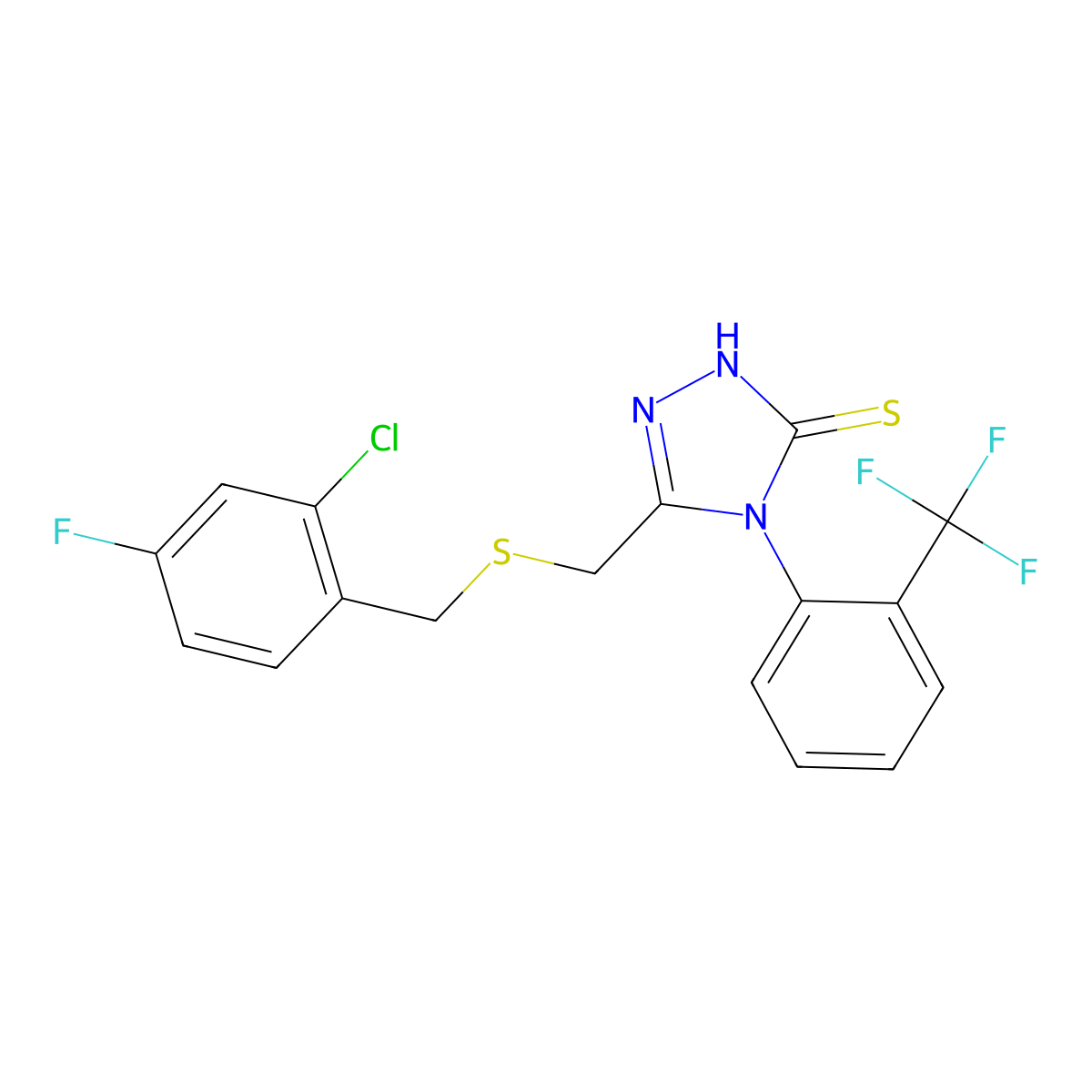 5-{[(2-chloro-4-fluorobenzyl)sulfanyl]methyl}-4-[2-(trifluoromethyl)phenyl]-4H-1,2,4-triazole-3-thiol molecular structure, CAS 669728-90-9