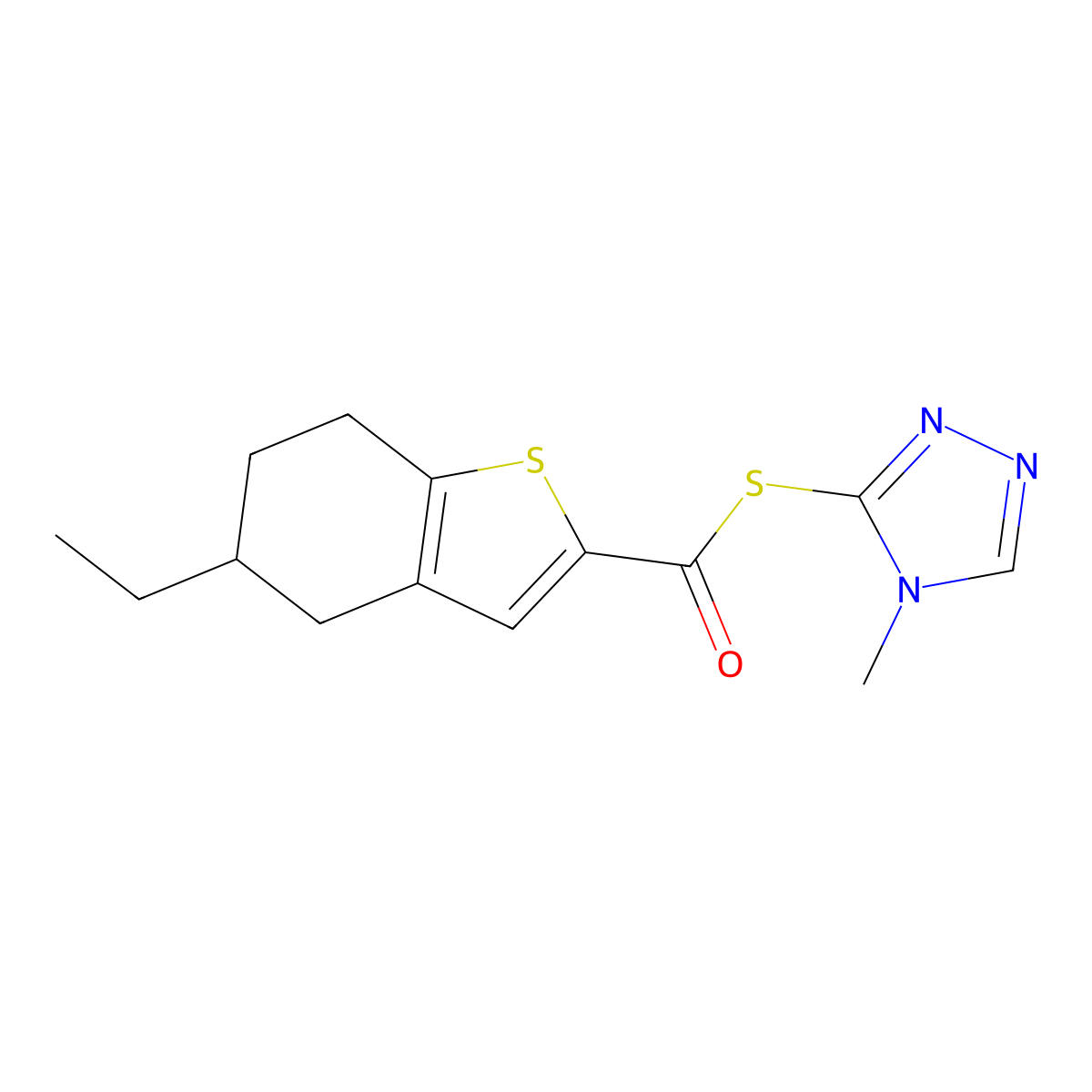 S-(4-methyl-4H-1,2,4-triazol-3-yl) 5-ethyl-4,5,6,7-tetrahydro-1-benzothiophene-2-carbothioate molecular structure, CAS 669729-18-4