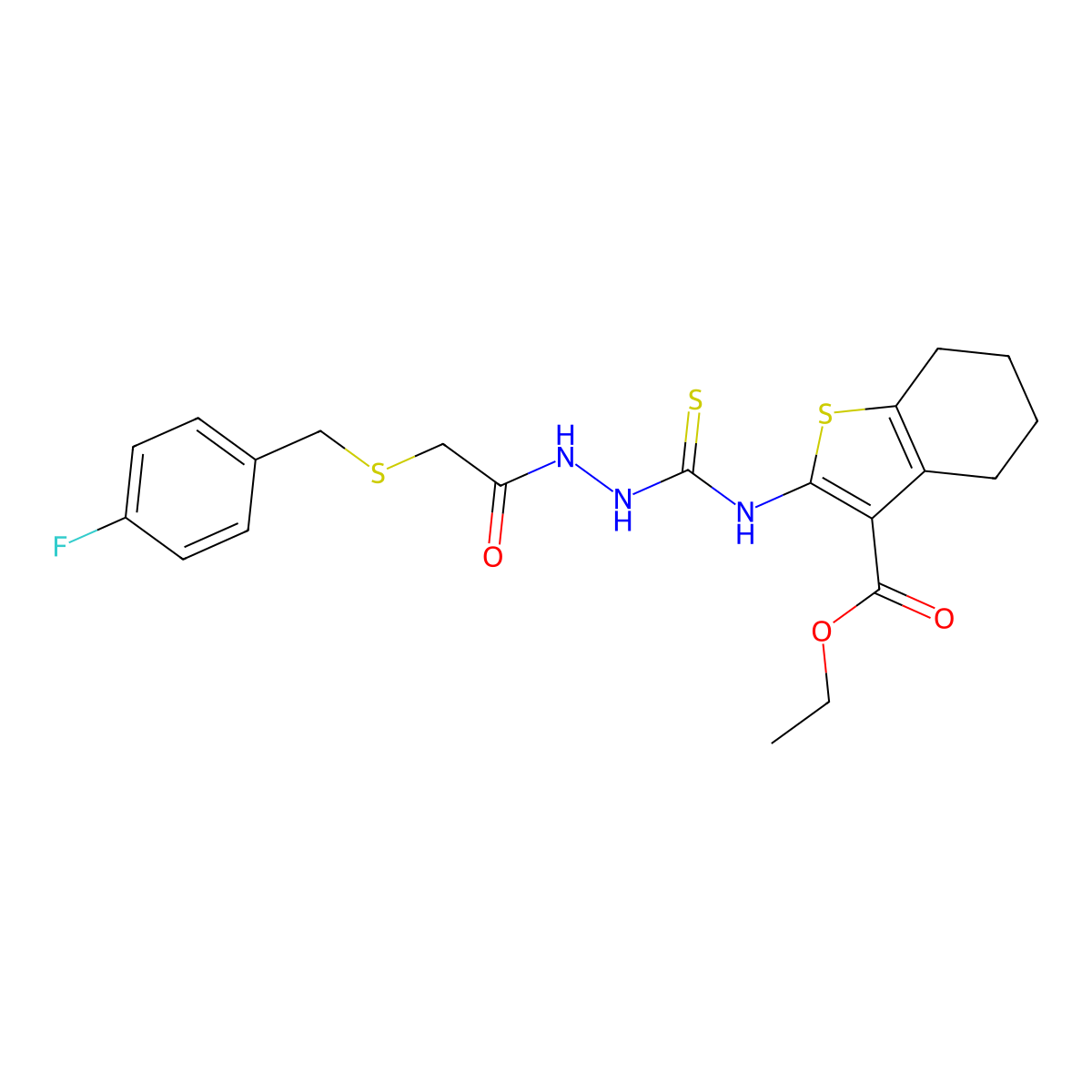 Ethyl 2-{[(2-{[(4-fluorobenzyl)sulfanyl]acetyl}hydrazinyl)carbonothioyl]amino}-4,5,6,7-tetrahydro-1-benzothiophene-3-carboxylate molecular structure, CAS 669729-22-0