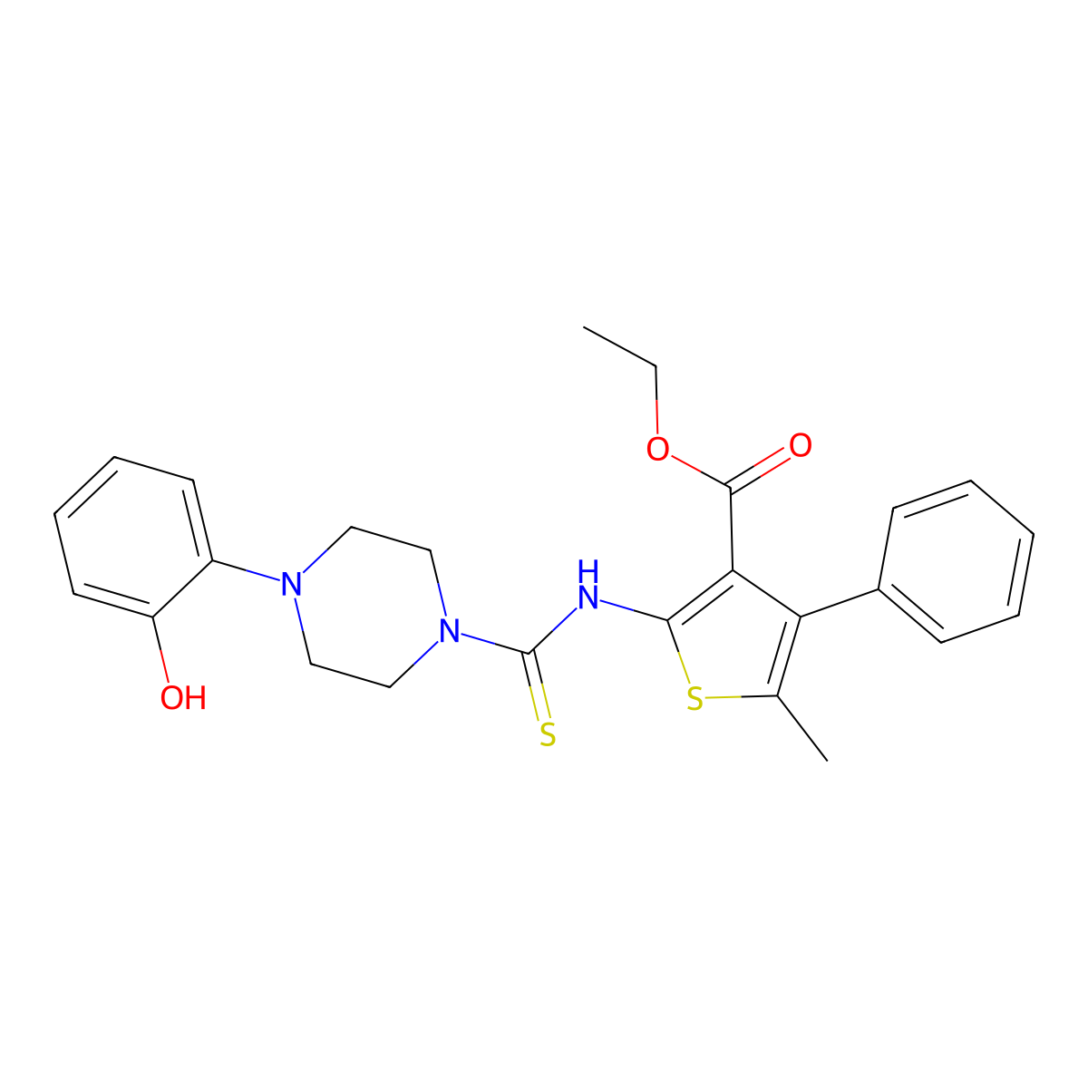Ethyl 2-({[4-(2-hydroxyphenyl)piperazin-1-yl]carbonothioyl}amino)-5-methyl-4-phenylthiophene-3-carboxylate molecular structure, CAS 669729-83-3