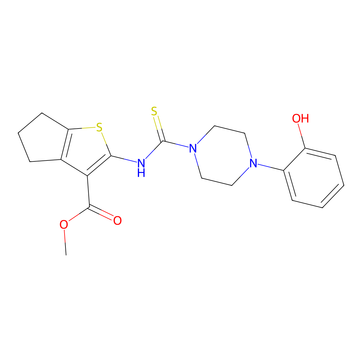 methyl 2-({[4-(2-hydroxyphenyl)piperazin-1-yl]carbonothioyl}amino)-5,6-dihydro-4H-cyclopenta[b]thiophene-3-carboxylate molecular structure, CAS 669729-88-8