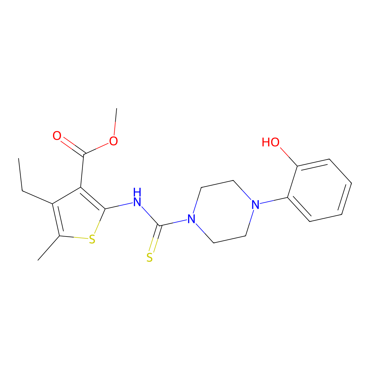 Methyl 4-ethyl-2-({[4-(2-hydroxyphenyl)piperazin-1-yl]carbonothioyl}amino)-5-methylthiophene-3-carboxylate molecular structure, CAS 669729-90-2
