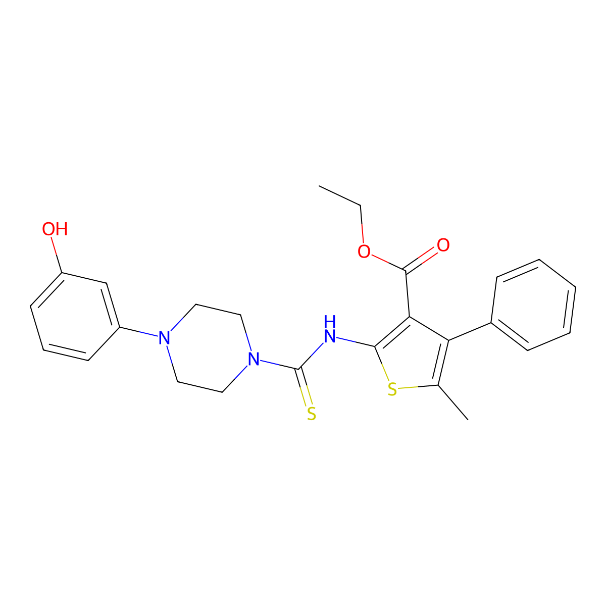 Ethyl 2-({[4-(3-hydroxyphenyl)piperazin-1-yl]carbonothioyl}amino)-5-methyl-4-phenylthiophene-3-carboxylate molecular structure, CAS 669730-43-2