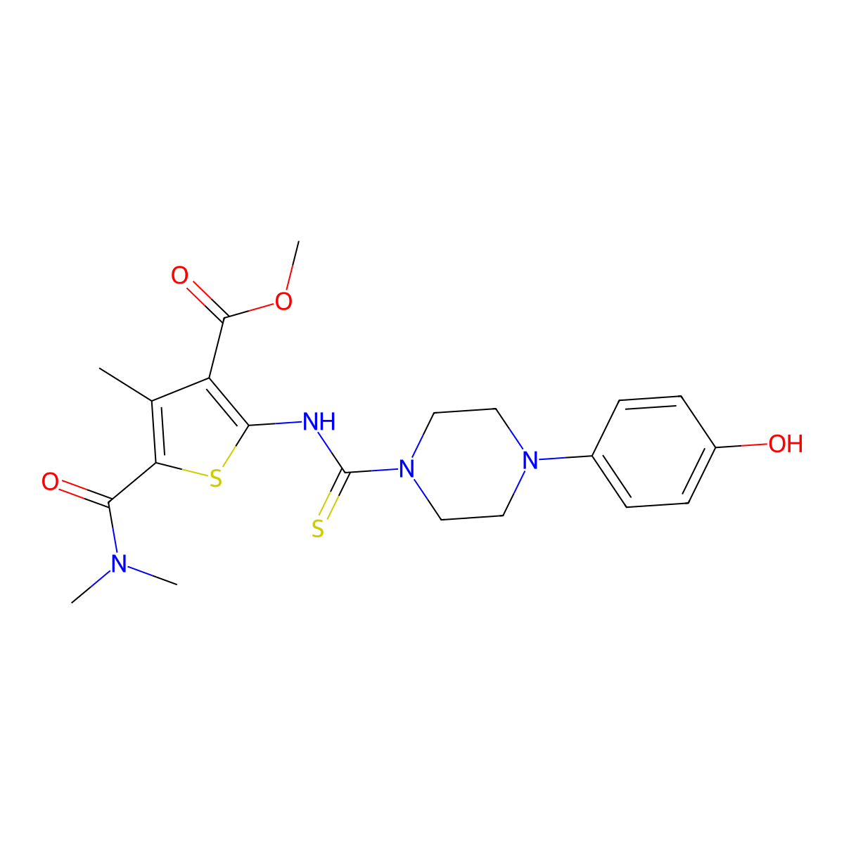 Methyl 5-(dimethylcarbamoyl)-2-({[4-(4-hydroxyphenyl)piperazin-1-yl]carbonothioyl}amino)-4-methylthiophene-3-carboxylate molecular structure, CAS 669730-77-2