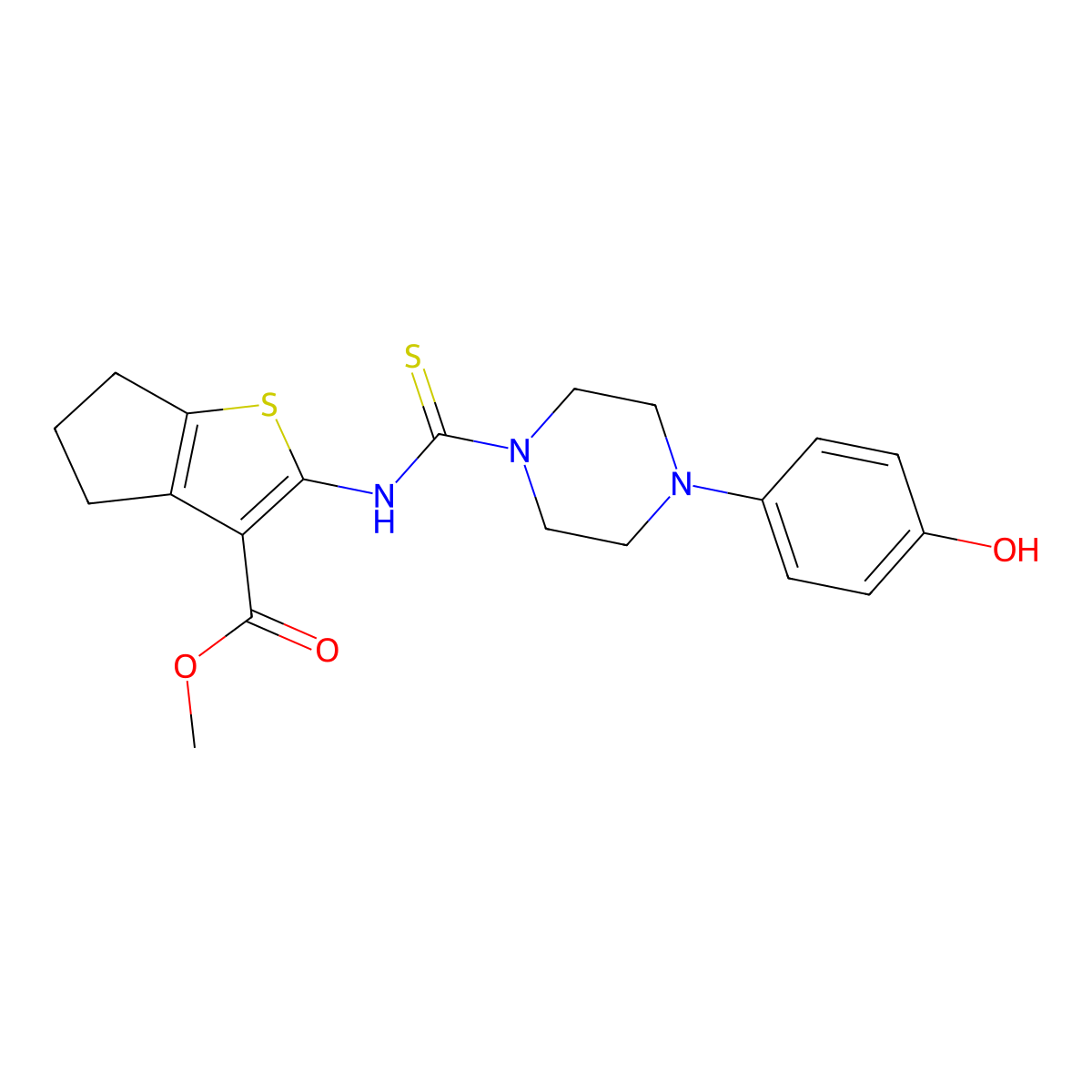 methyl 2-({[4-(4-hydroxyphenyl)piperazin-1-yl]carbonothioyl}amino)-5,6-dihydro-4H-cyclopenta[b]thiophene-3-carboxylate molecular structure, CAS 669730-79-4
