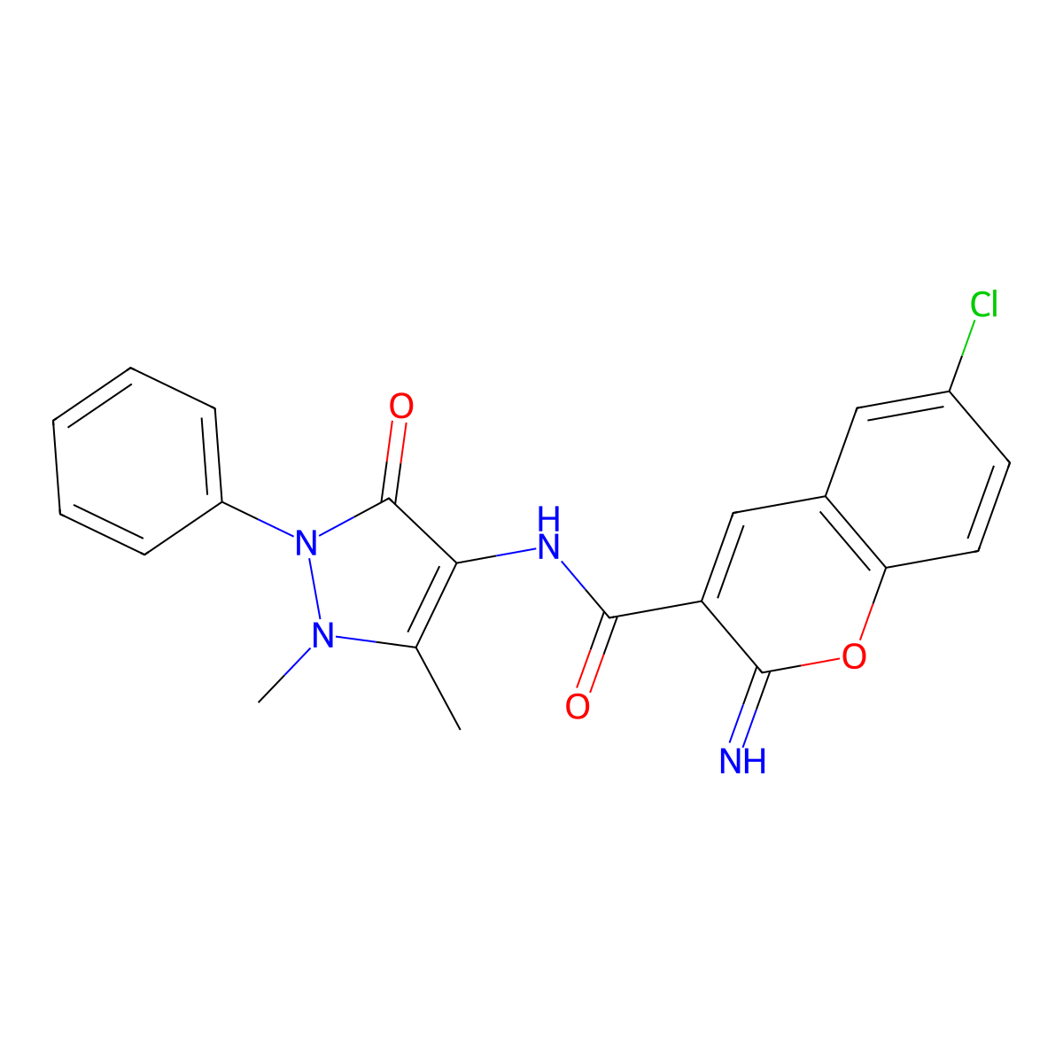 6-chloro-N-(1,5-dimethyl-3-oxo-2-phenyl-2,3-dihydro-1H-pyrazol-4-yl)-2-imino-2H-chromene-3-carboxamide molecular structure, CAS 669732-79-0
