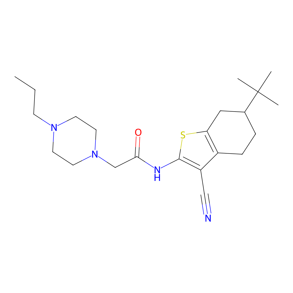 N-(6-tert-butyl-3-cyano-4,5,6,7-tetrahydro-1-benzothiophen-2-yl)-2-(4-propylpiperazin-1-yl)acetamide molecular structure, CAS 669733-16-8