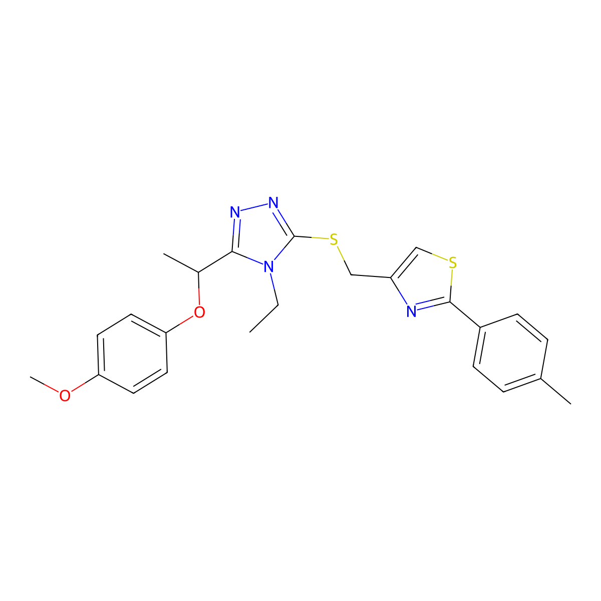 4-ethyl-3-[1-(4-methoxyphenoxy)ethyl]-5-({[2-(4-methylphenyl)-1,3-thiazol-4-yl]methyl}sulfanyl)-4H-1,2,4-triazole molecular structure, CAS 669733-35-1