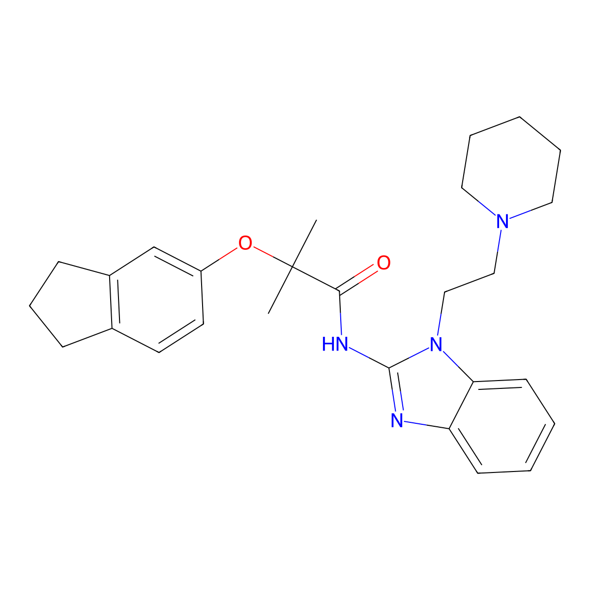 2-(2,3-dihydro-1H-inden-5-yloxy)-2-methyl-N-[1-(2-piperidin-1-ylethyl)benzimidazol-2-yl]propanamide molecular structure, CAS 669734-23-0