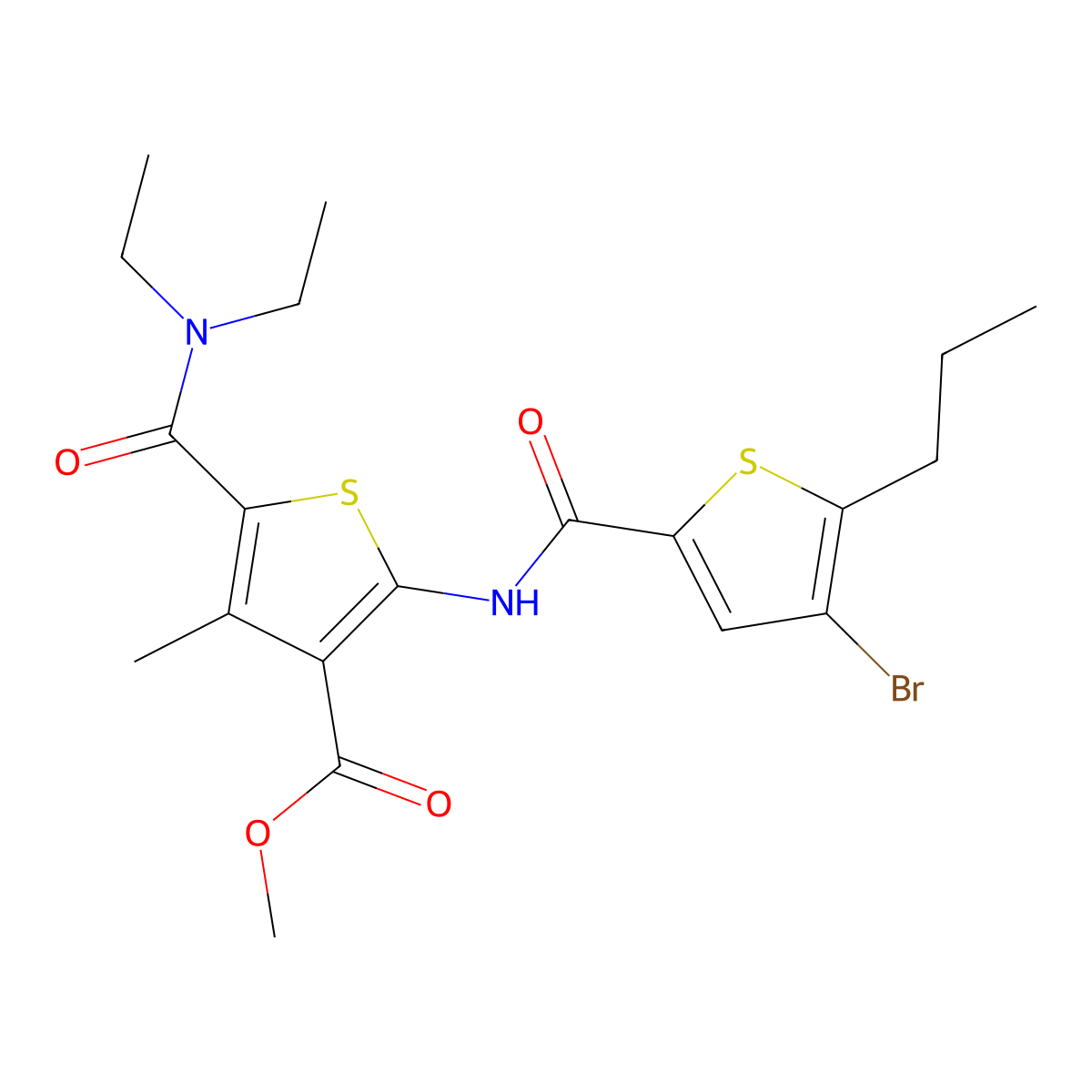 Methyl 2-{[(4-bromo-5-propylthiophen-2-yl)carbonyl]amino}-5-(diethylcarbamoyl)-4-methylthiophene-3-carboxylate molecular structure, CAS 669734-42-3