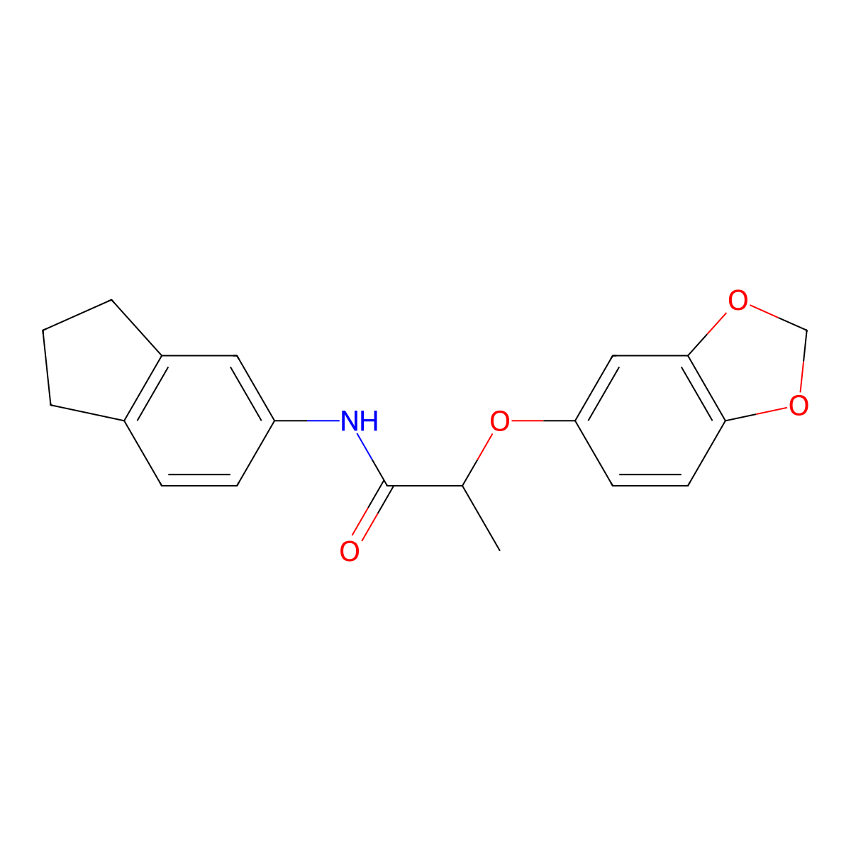 2-(1,3-benzodioxol-5-yloxy)-N-(2,3-dihydro-1H-inden-5-yl)propanamide molecular structure, CAS 669734-89-8