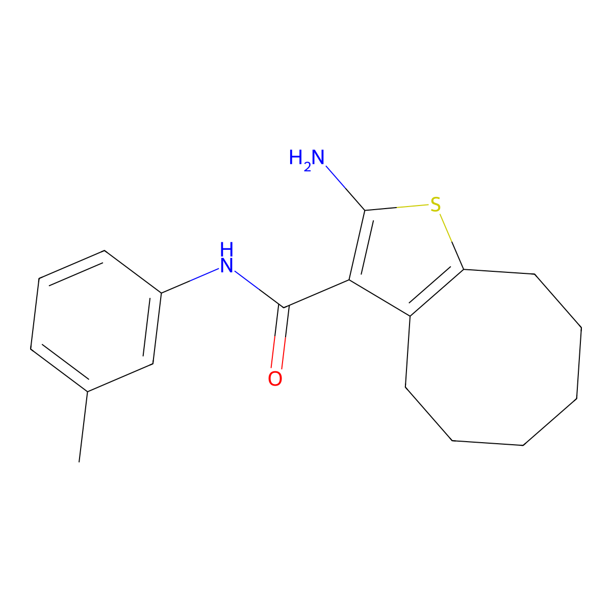 2-amino-N-(3-methylphenyl)-4,5,6,7,8,9-hexahydrocycloocta[b]thiophene-3-carboxamide molecular structure, CAS 669737-30-8