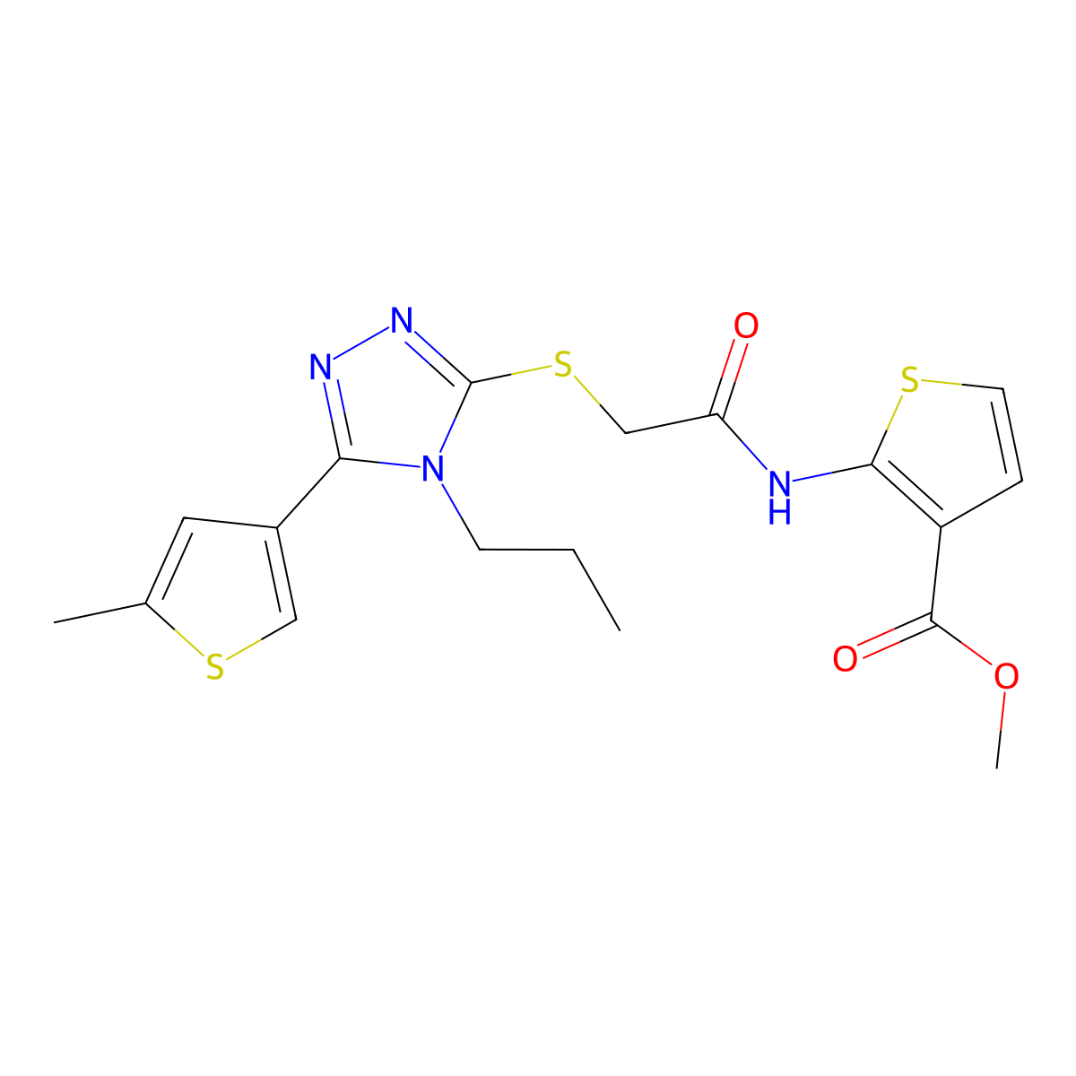 methyl 2-[({[5-(5-methylthiophen-3-yl)-4-propyl-4H-1,2,4-triazol-3-yl]sulfanyl}acetyl)amino]thiophene-3-carboxylate molecular structure, CAS 669737-51-3