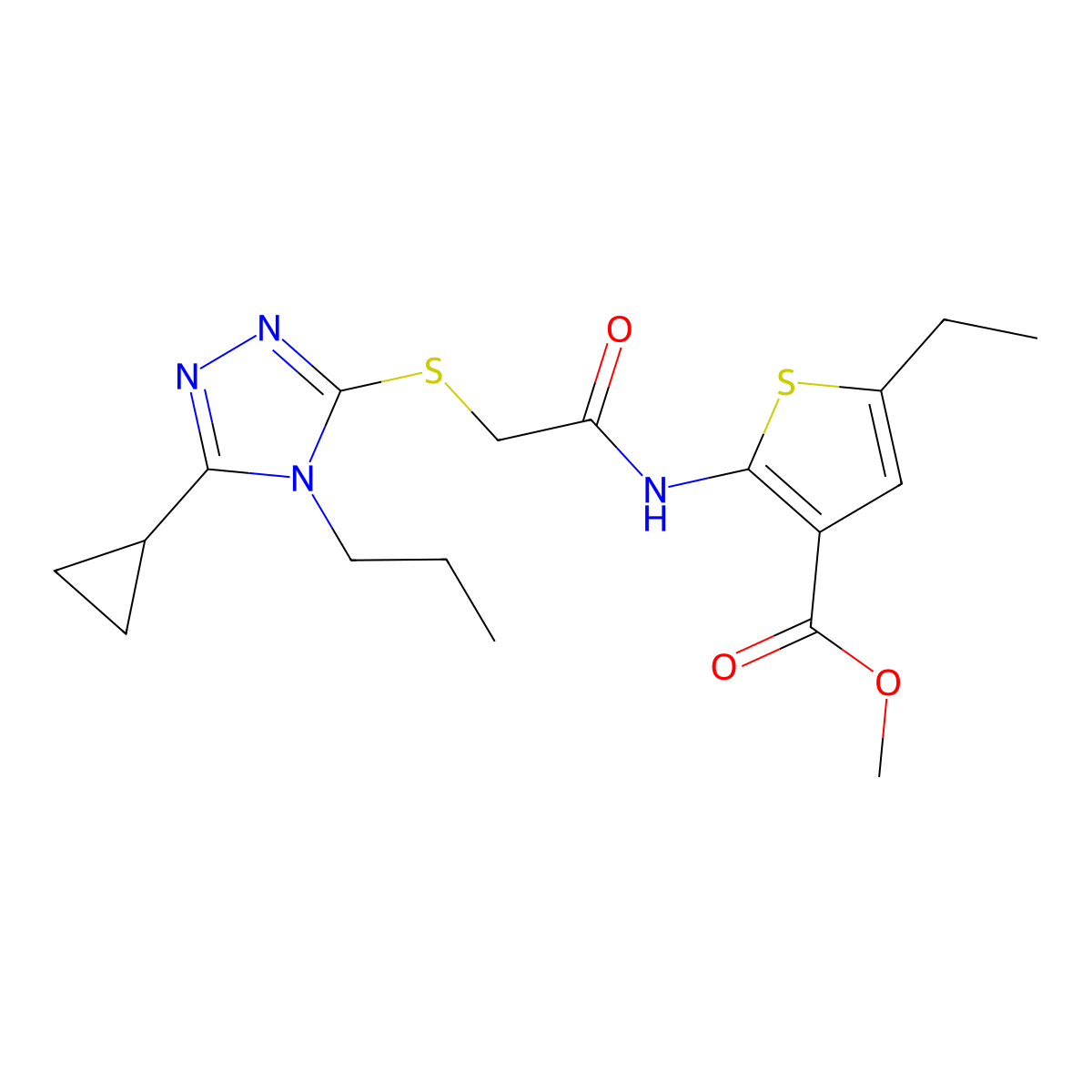 methyl 2-({[(5-cyclopropyl-4-propyl-4H-1,2,4-triazol-3-yl)sulfanyl]acetyl}amino)-5-ethylthiophene-3-carboxylate molecular structure, CAS 669737-52-4