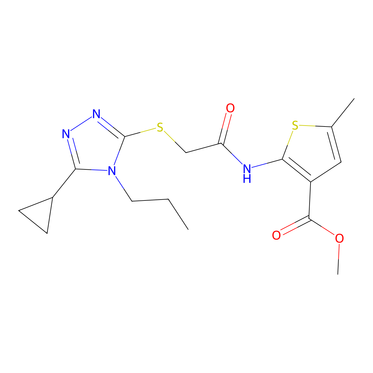 methyl 2-({[(5-cyclopropyl-4-propyl-4H-1,2,4-triazol-3-yl)sulfanyl]acetyl}amino)-5-methylthiophene-3-carboxylate molecular structure, CAS 669737-53-5