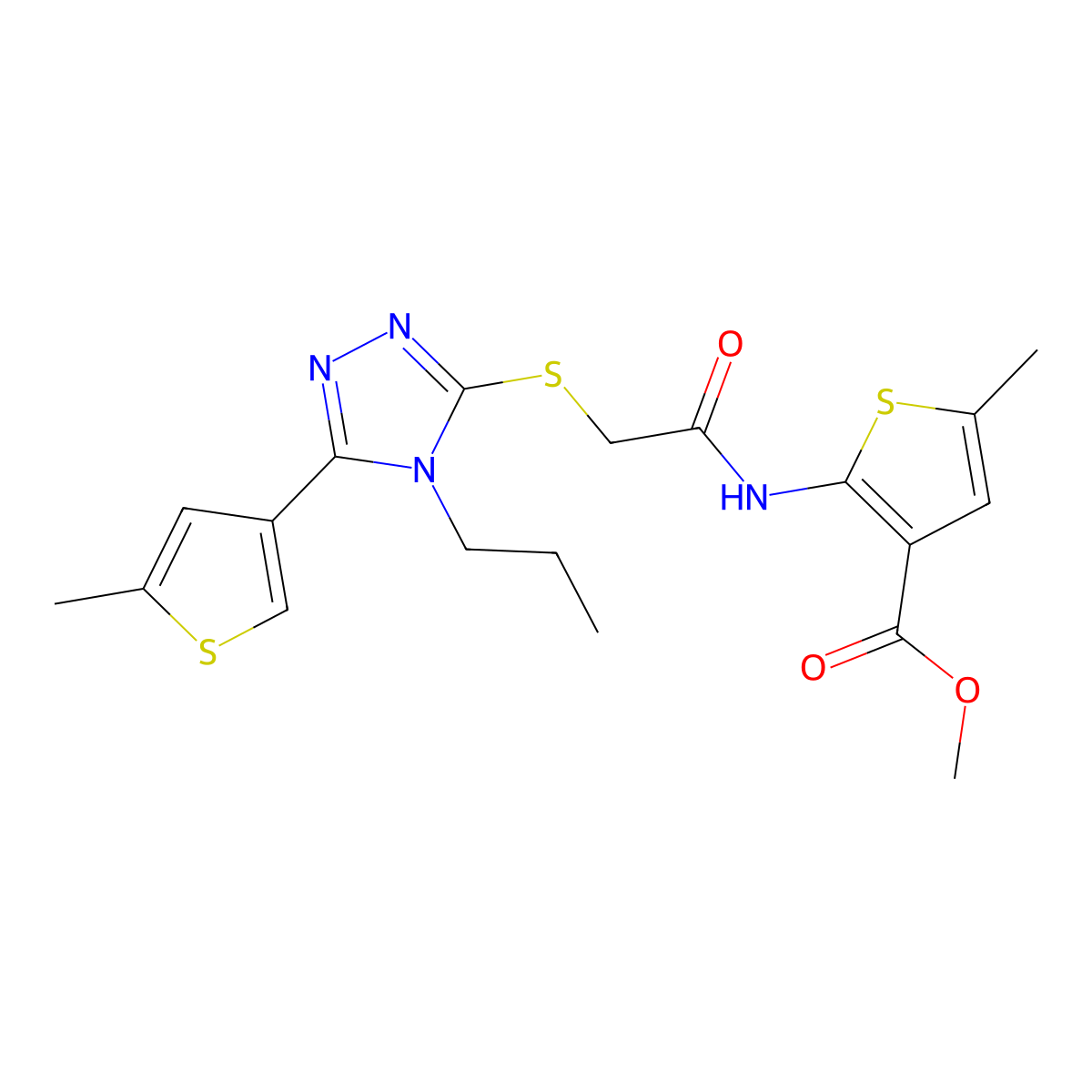 methyl 5-methyl-2-[({[5-(5-methylthiophen-3-yl)-4-propyl-4H-1,2,4-triazol-3-yl]sulfanyl}acetyl)amino]thiophene-3-carboxylate molecular structure, CAS 669737-56-8