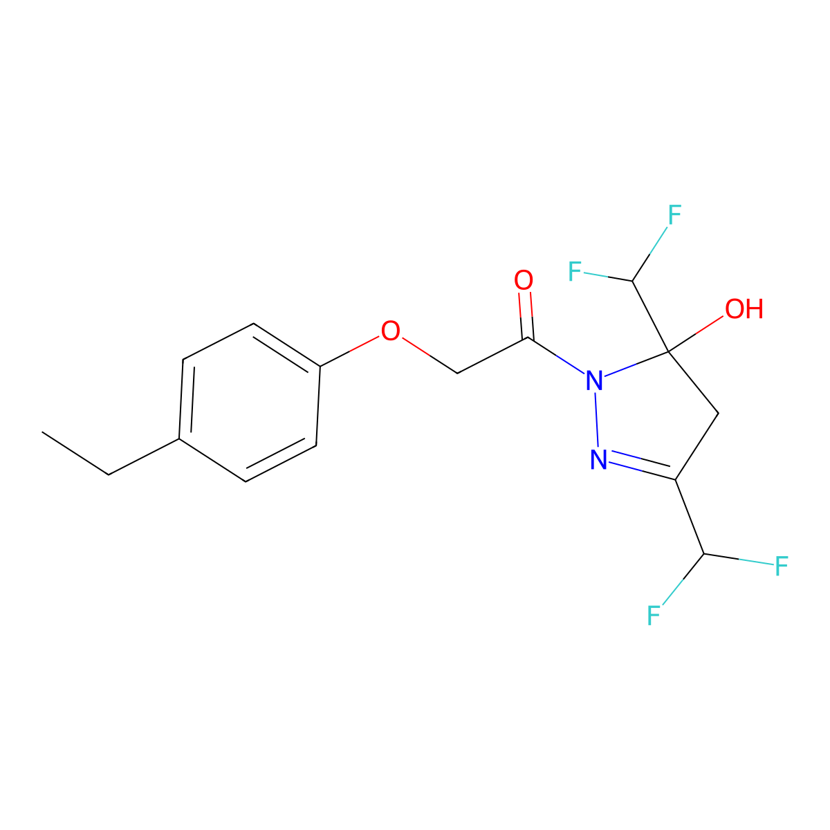 1-[3,5-bis(difluoromethyl)-5-hydroxy-4,5-dihydro-1H-pyrazol-1-yl]-2-(4-ethylphenoxy)ethanone molecular structure, CAS 669738-16-3