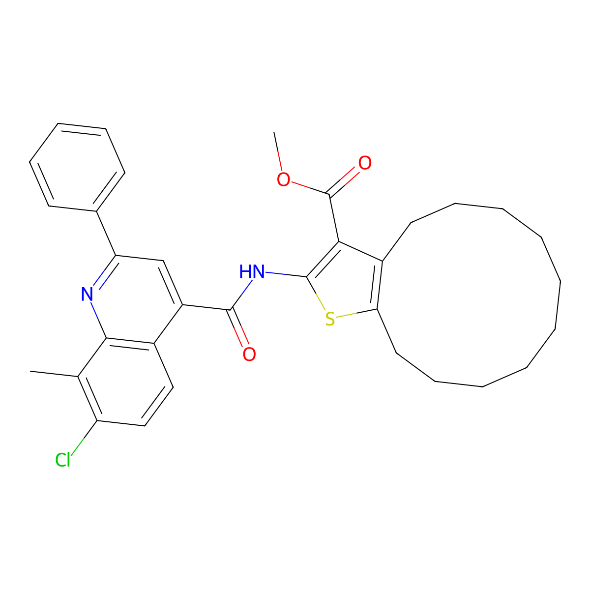 Methyl 2-{[(7-chloro-8-methyl-2-phenylquinolin-4-yl)carbonyl]amino}-4,5,6,7,8,9,10,11,12,13-decahydrocyclododeca[b]thiophene-3-carboxylate molecular structure, CAS 669738-48-1