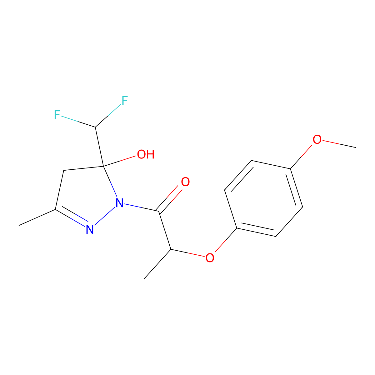 1-[5-(difluoromethyl)-5-hydroxy-3-methyl-4,5-dihydro-1H-pyrazol-1-yl]-2-(4-methoxyphenoxy)propan-1-one molecular structure, CAS 669739-33-7