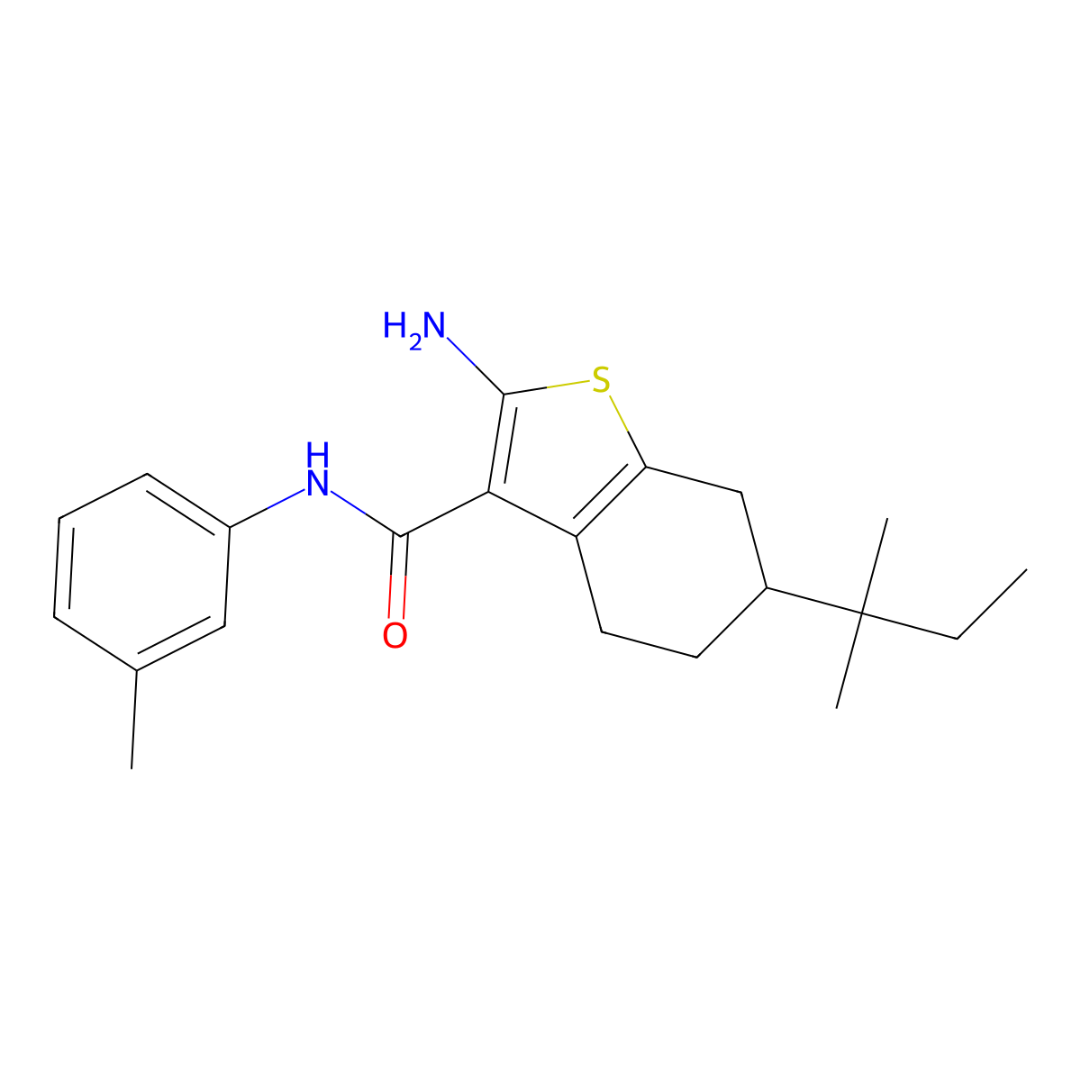 2-amino-6-tert-amyl-N-(3-methylphenyl)-4,5,6,7-tetrahydro-1-benzothiophene-3-carboxamide molecular structure, CAS 669740-04-9