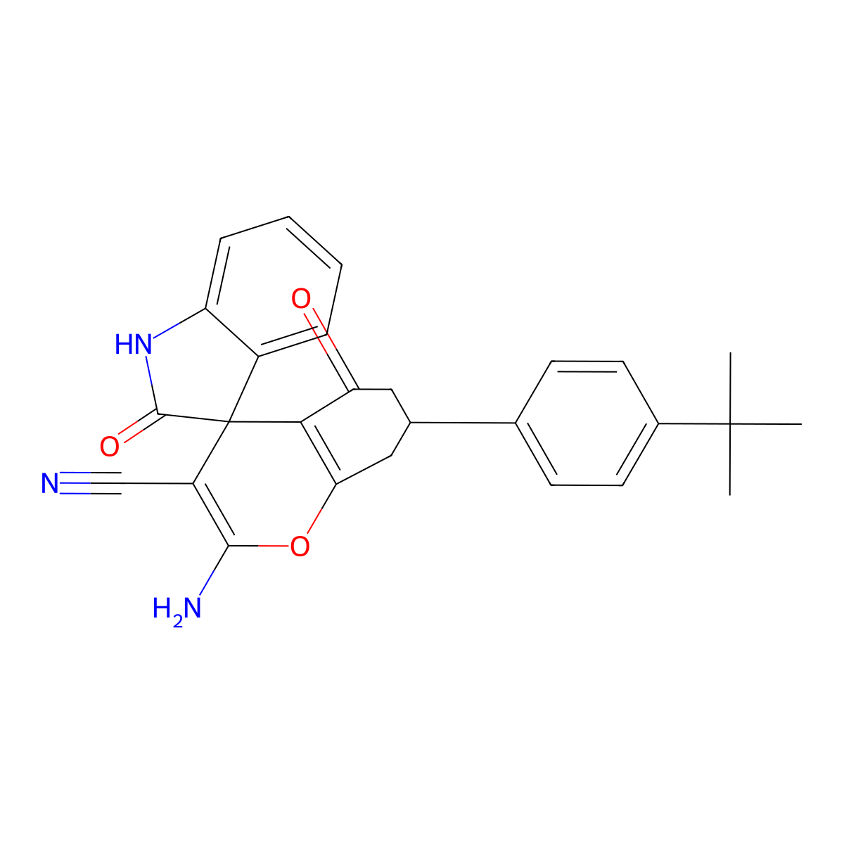 2-Amino-7-(4-tert-butylphenyl)-2',5-dioxo-1',2',5,6,7,8-hexahydrospiro[chromene-4,3'-indole]-3-carbonitrile molecular structure, CAS 669740-40-3