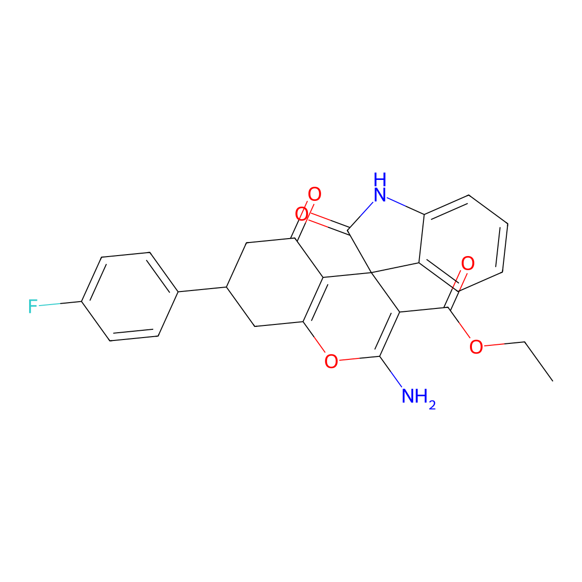 Ethyl 2-amino-7-(4-fluorophenyl)-2',5-dioxo-1',2',5,6,7,8-hexahydrospiro[chromene-4,3'-indole]-3-carboxylate molecular structure, CAS 669740-43-6