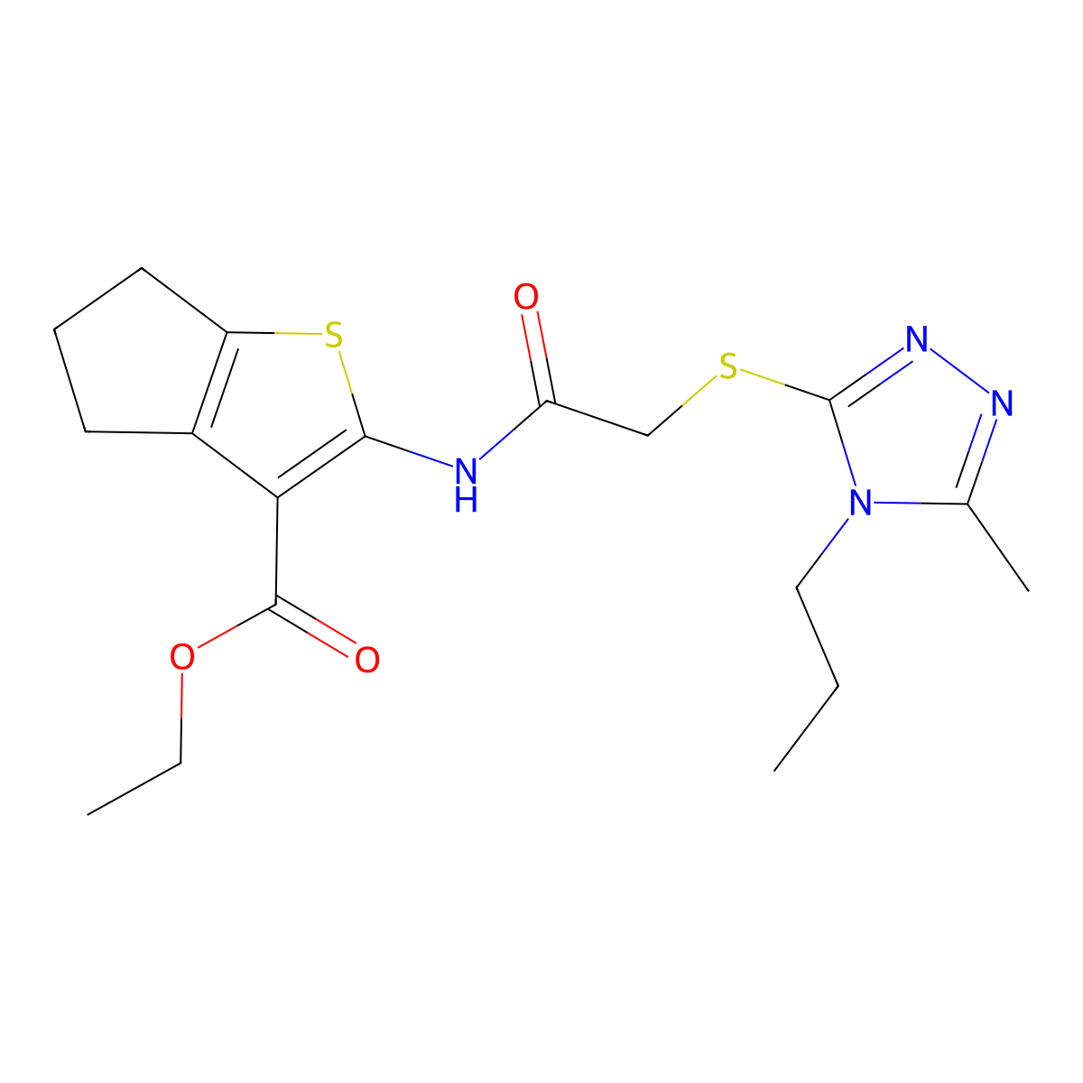 ethyl 2-({[(5-methyl-4-propyl-4H-1,2,4-triazol-3-yl)sulfanyl]acetyl}amino)-5,6-dihydro-4H-cyclopenta[b]thiophene-3-carboxylate molecular structure, CAS 669743-11-7