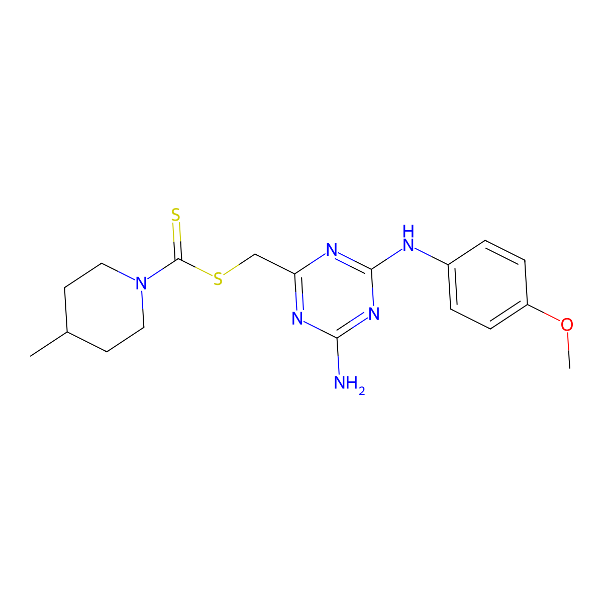 {4-Amino-6-[(4-methoxyphenyl)amino]-1,3,5-triazin-2-yl}methyl 4-methylpiperidine-1-carbodithioate molecular structure, CAS 669743-21-9