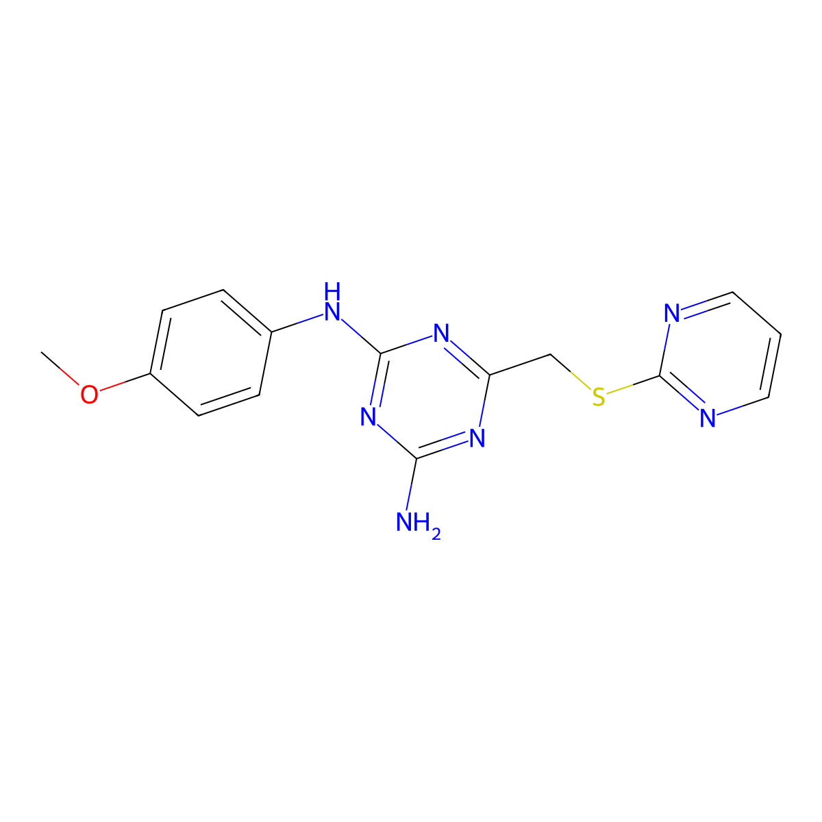 N-(4-methoxyphenyl)-6-[(pyrimidin-2-ylsulfanyl)methyl]-1,3,5-triazine-2,4-diamine molecular structure, CAS 669743-27-5