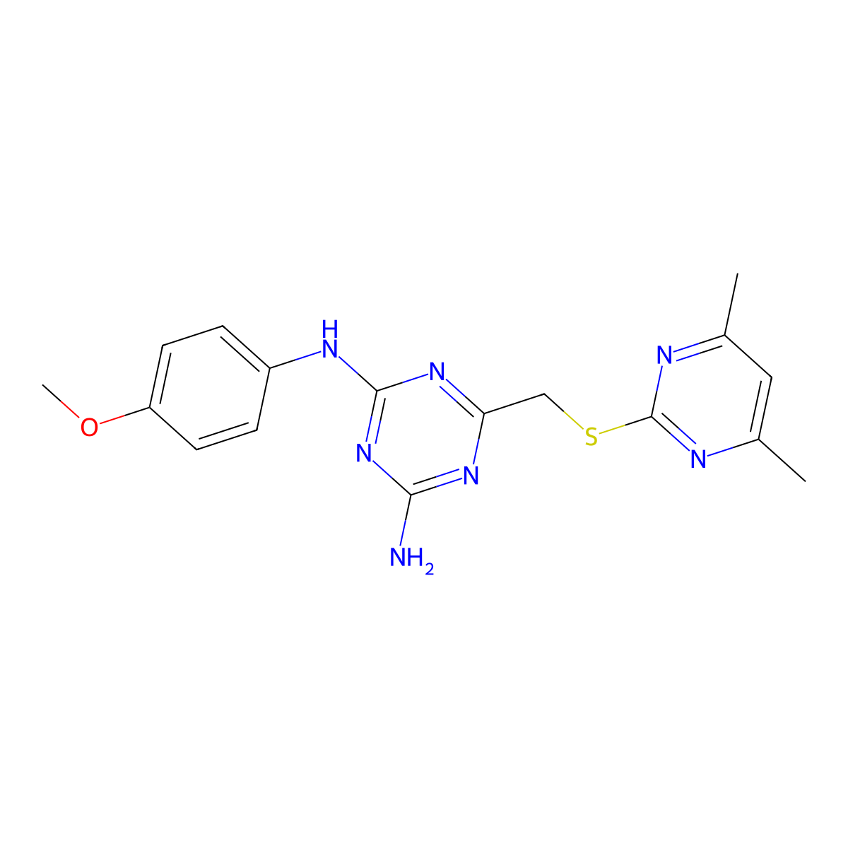 6-[[(4,6-dimethyl-2-pyrimidinyl)thio]methyl]-N2-(4-methoxyphenyl)-1,3,5-triazine-2,4-diamine molecular structure, CAS 669743-29-7