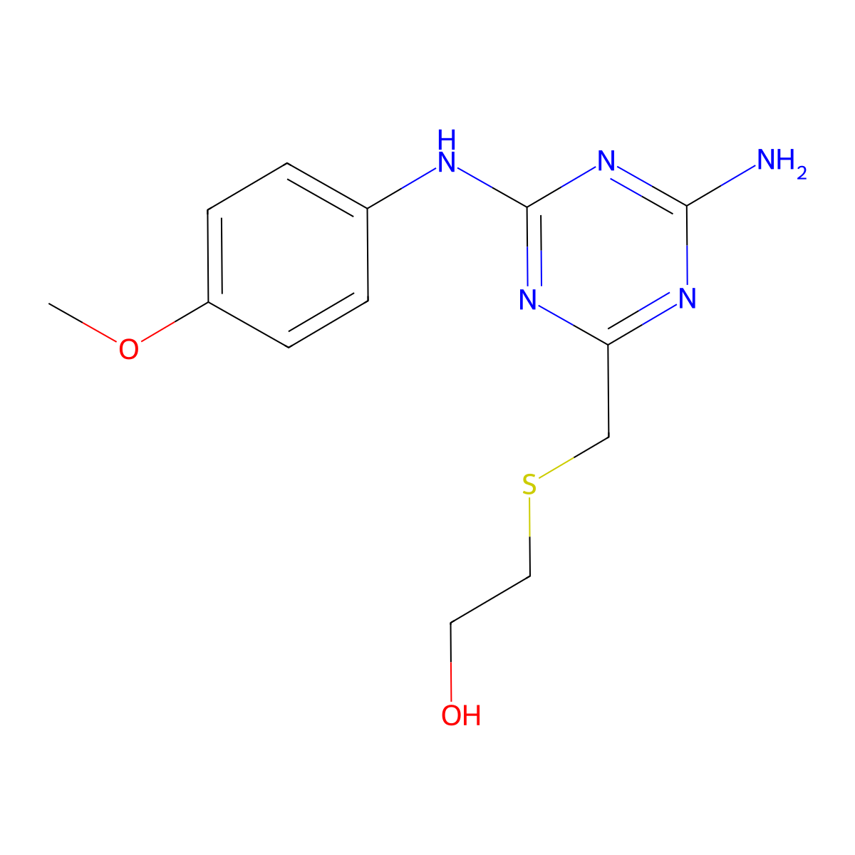 2-[4-Amino-6-(4-methoxy-phenylamino)-[1,3,5]triazin-2-ylmethylsulfanyl]-ethanol molecular structure, CAS 669743-34-4