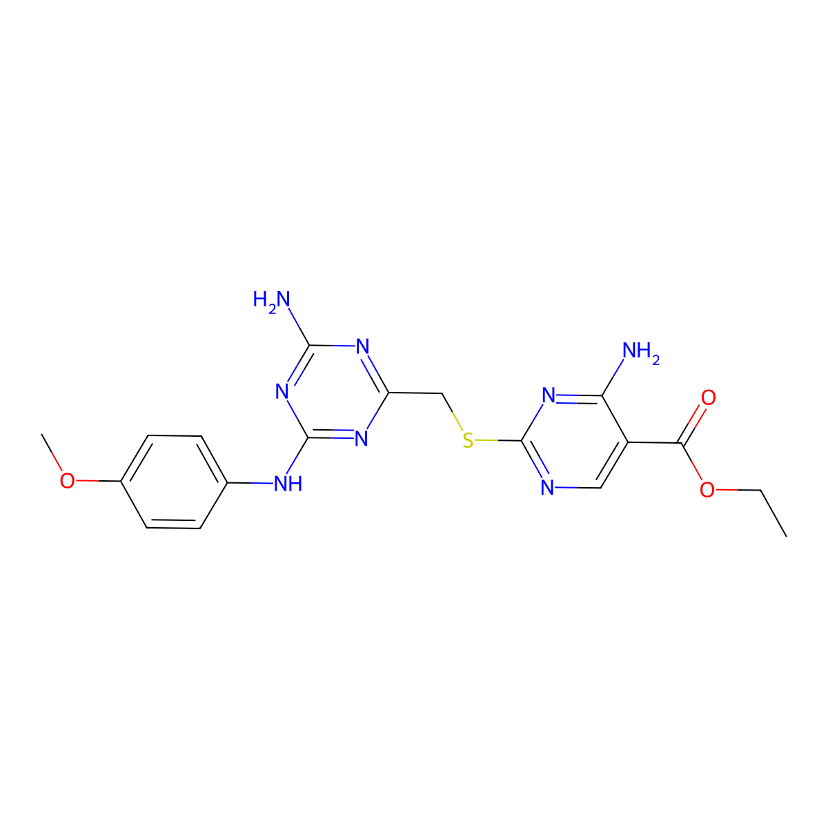 Ethyl 4-amino-2-[({4-amino-6-[(4-methoxyphenyl)amino]-1,3,5-triazin-2-yl}methyl)thio]pyrimidine-5-carboxylate molecular structure, CAS 669743-37-7