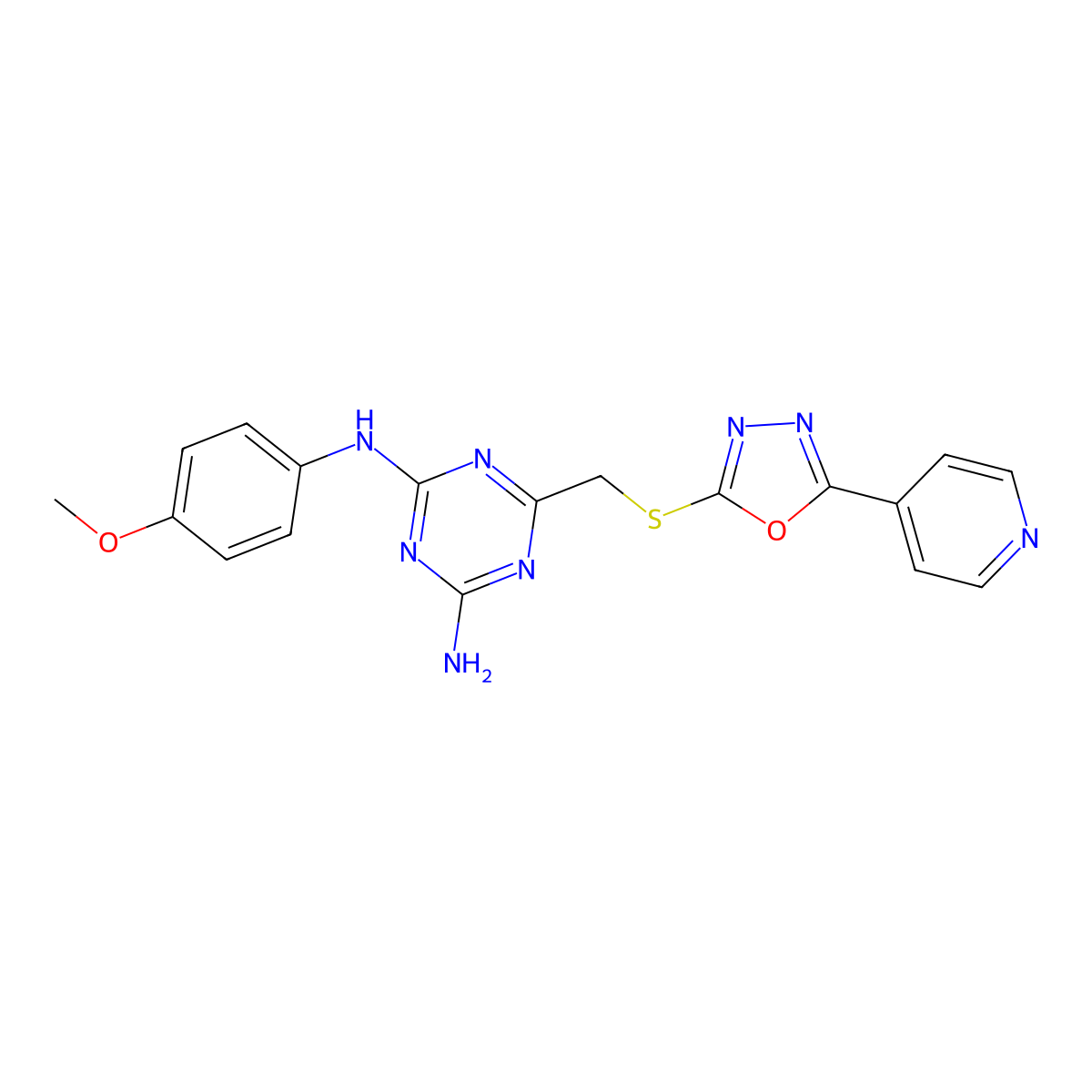 N-(4-methoxyphenyl)-6-({[5-(pyridin-4-yl)-1,3,4-oxadiazol-2-yl]sulfanyl}methyl)-1,3,5-triazine-2,4-diamine molecular structure, CAS 669743-64-0