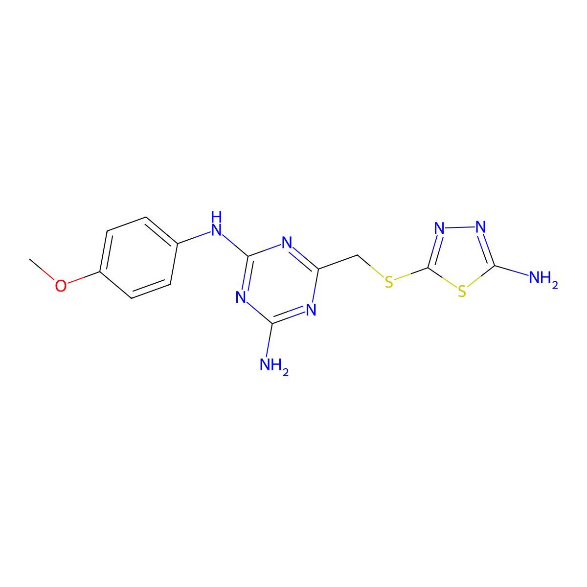 6-{[(5-amino-1,3,4-thiadiazol-2-yl)sulfanyl]methyl}-N-(4-methoxyphenyl)-1,3,5-triazine-2,4-diamine molecular structure, CAS 669743-70-8