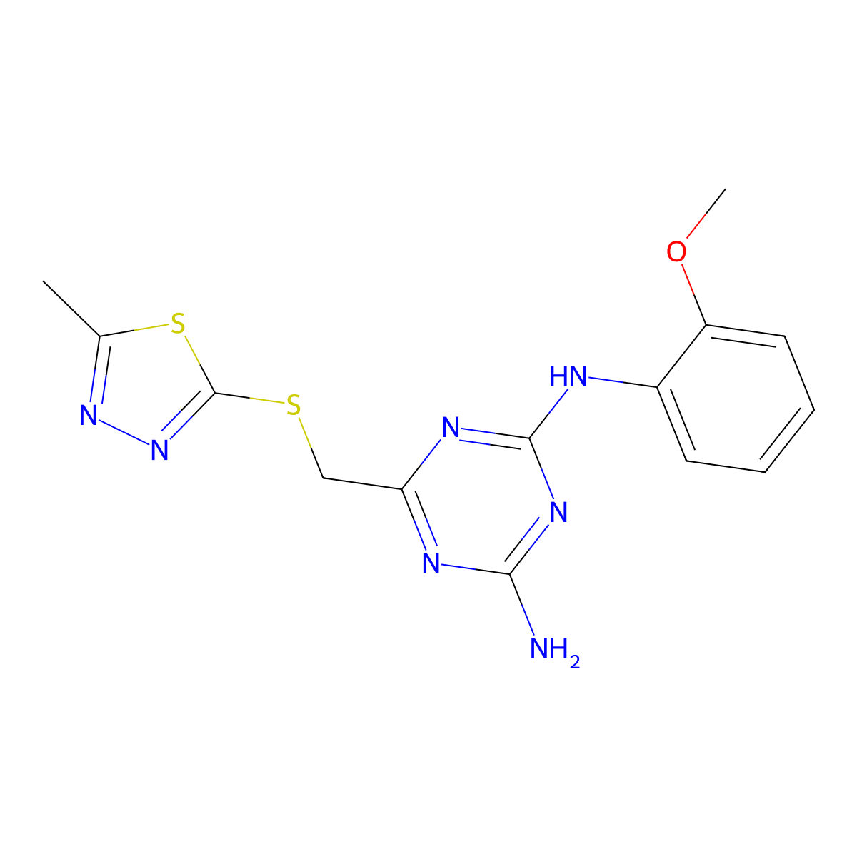 N-(2-methoxyphenyl)-6-{[(5-methyl-1,3,4-thiadiazol-2-yl)thio]methyl}-1,3,5-triazine-2,4-diamine molecular structure, CAS 669744-04-1