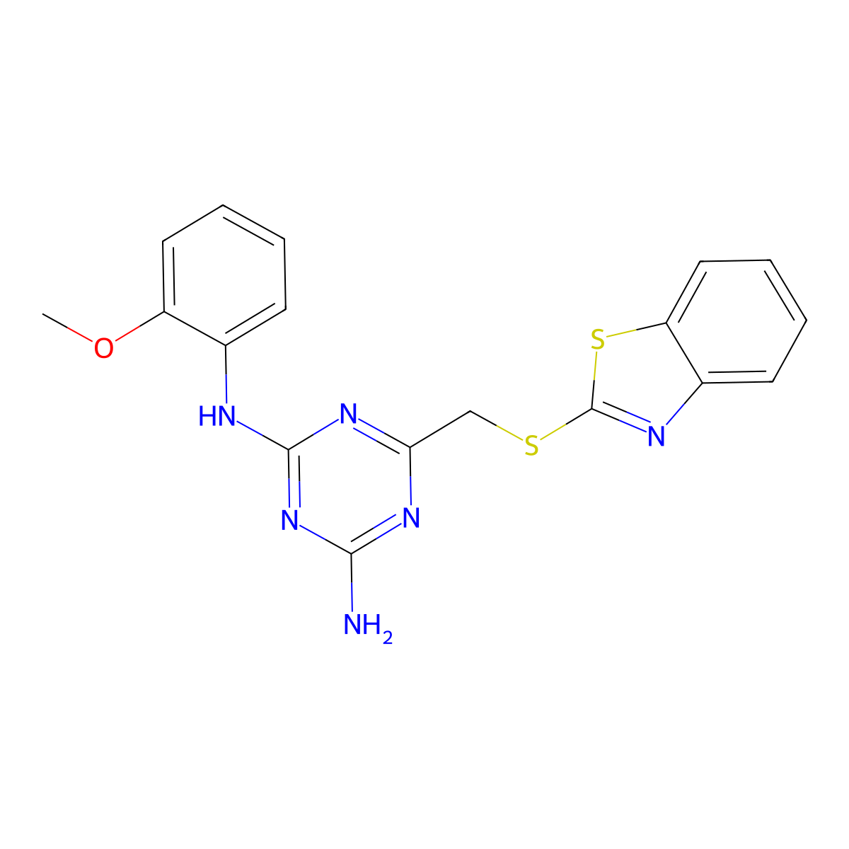 6-[(1,3-benzothiazol-2-ylsulfanyl)methyl]-N-(2-methoxyphenyl)-1,3,5-triazine-2,4-diamine molecular structure, CAS 669744-07-4