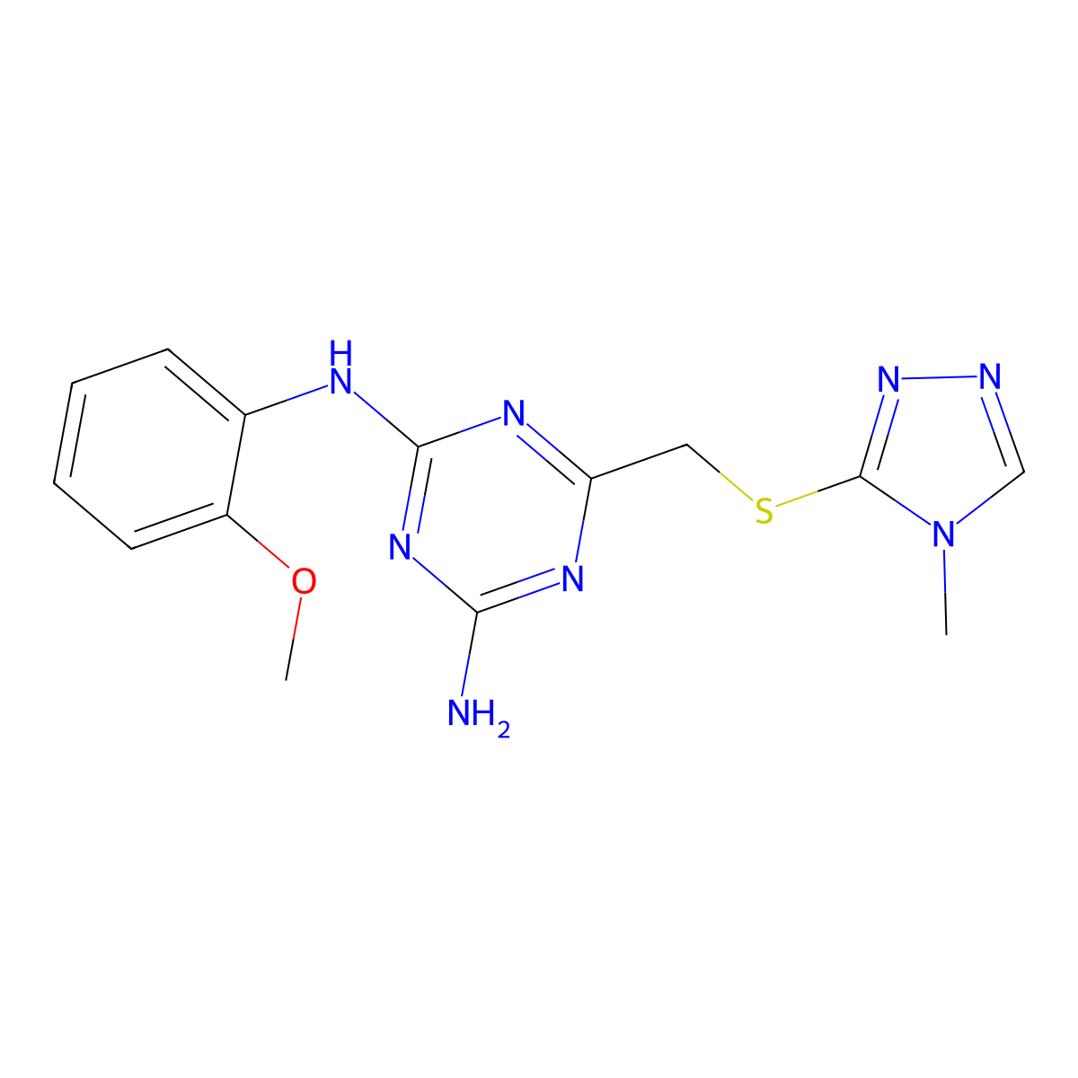 N-(2-Methoxy-phenyl)-6-(4-methyl-4H-[1,2,4]triazol-3-ylsulfanylmethyl)-[1,3,5]triazine-2,4-diamine molecular structure, CAS 669744-13-2
