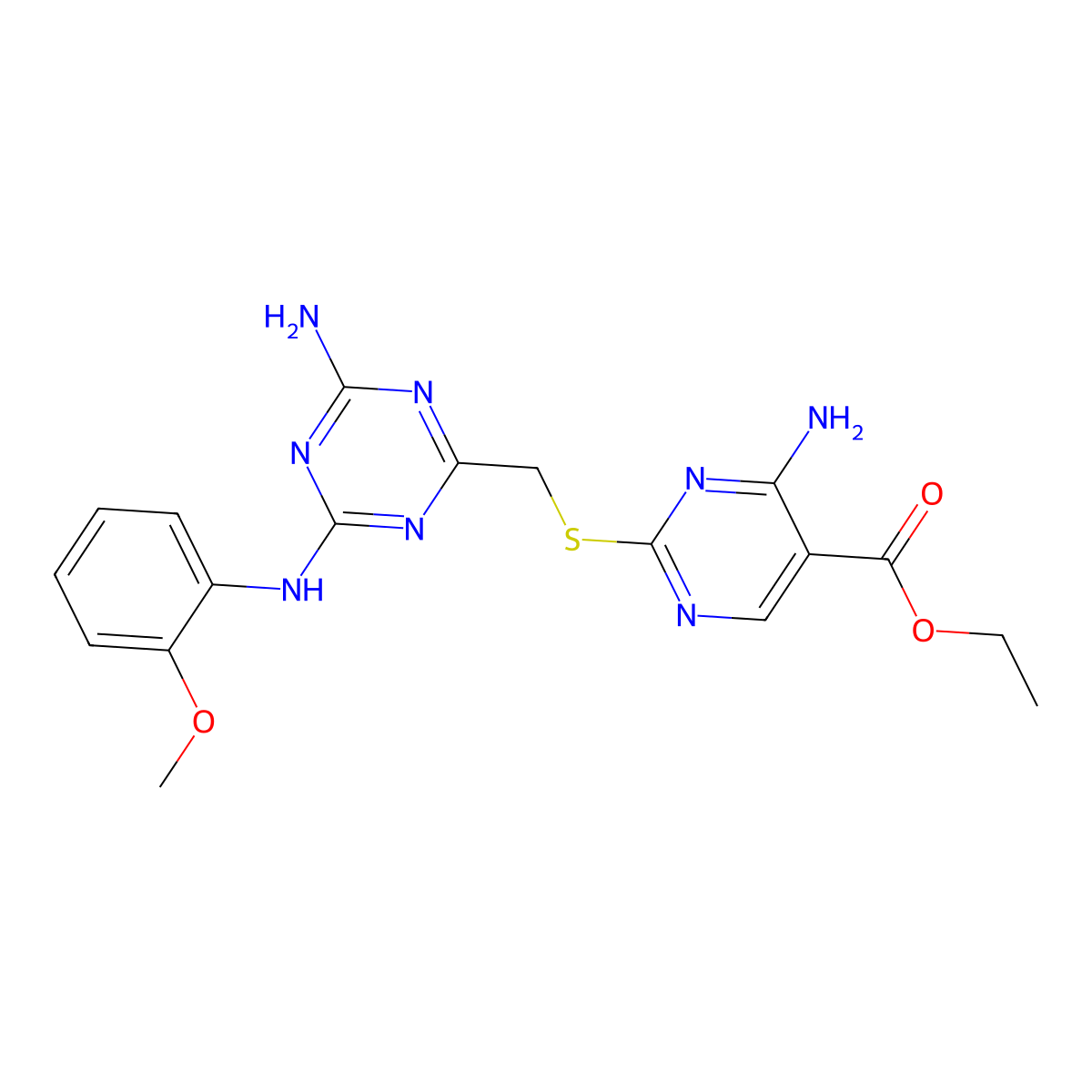 Ethyl 4-amino-2-[({4-amino-6-[(2-methoxyphenyl)amino]-1,3,5-triazin-2-yl}methyl)thio]pyrimidine-5-carboxylate molecular structure, CAS 669744-25-6