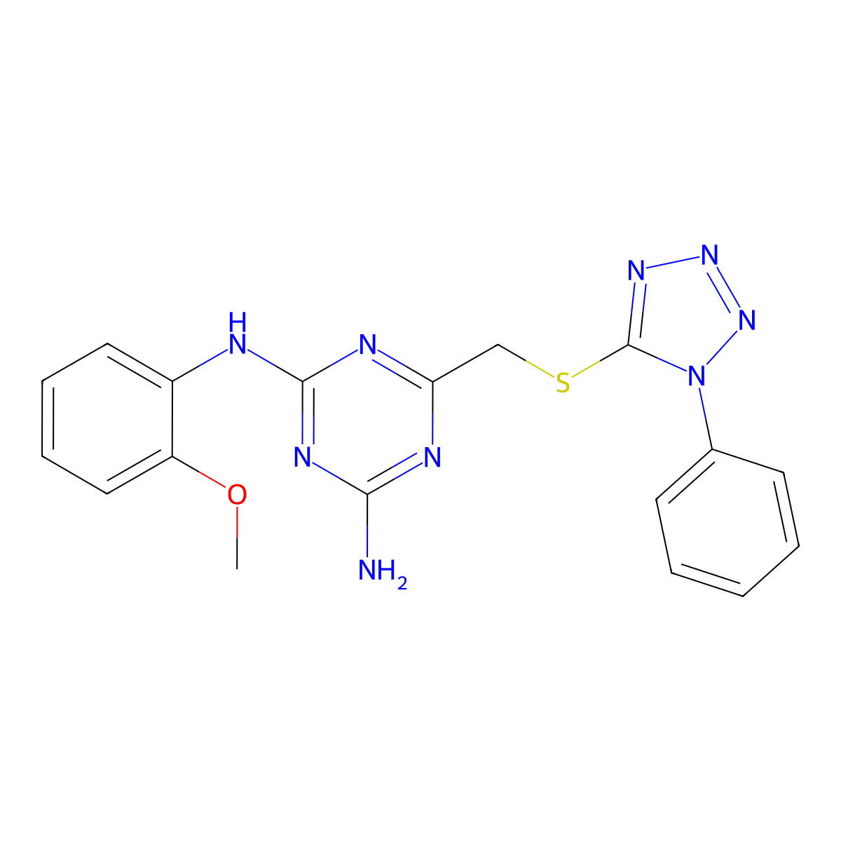 N-(2-methoxyphenyl)-6-{[(1-phenyl-1H-tetrazol-5-yl)sulfanyl]methyl}-1,3,5-triazine-2,4-diamine molecular structure, CAS 669744-28-9