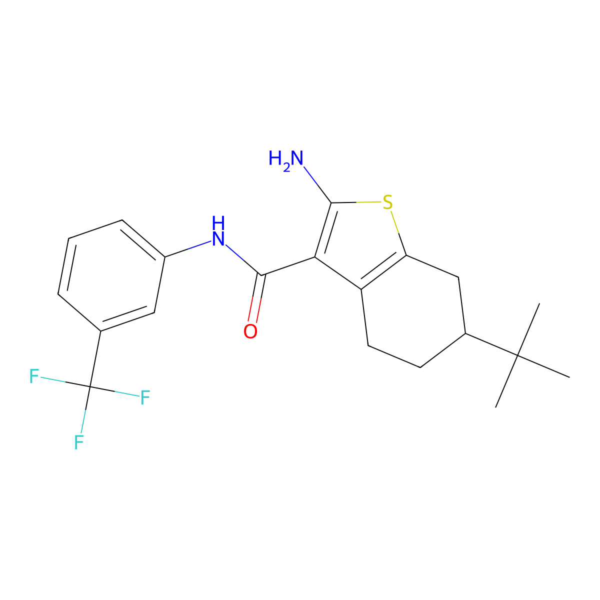 2-amino-6-tert-butyl-N-[3-(trifluoromethyl)phenyl]-4,5,6,7-tetrahydro-1-benzothiophene-3-carboxamide molecular structure, CAS 669744-30-3