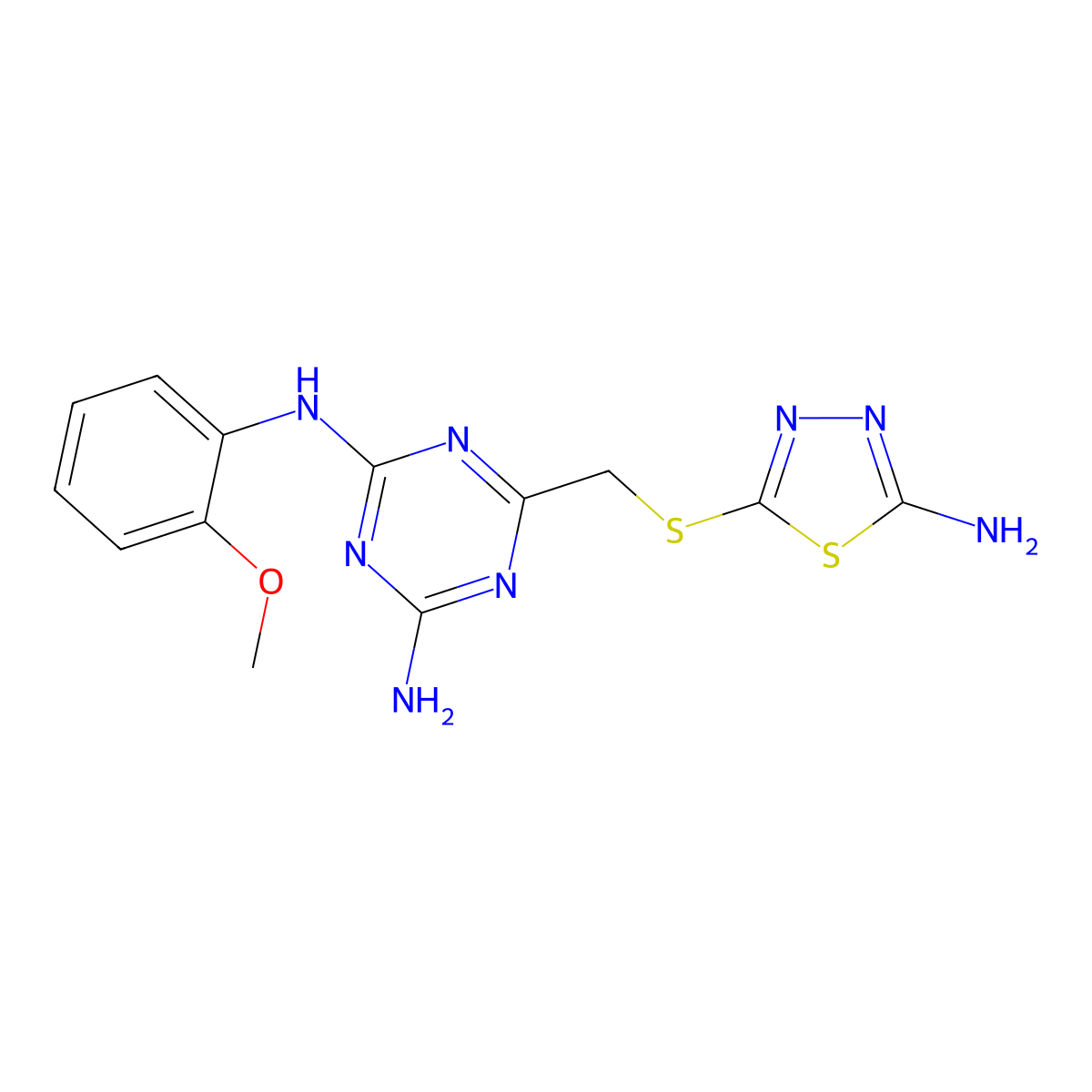 6-{[(5-amino-1,3,4-thiadiazol-2-yl)sulfanyl]methyl}-N-(2-methoxyphenyl)-1,3,5-triazine-2,4-diamine molecular structure, CAS 669744-34-7