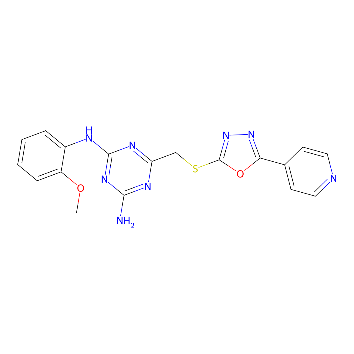 N-(2-methoxyphenyl)-6-({[5-(pyridin-4-yl)-1,3,4-oxadiazol-2-yl]sulfanyl}methyl)-1,3,5-triazine-2,4-diamine molecular structure, CAS 669744-37-0