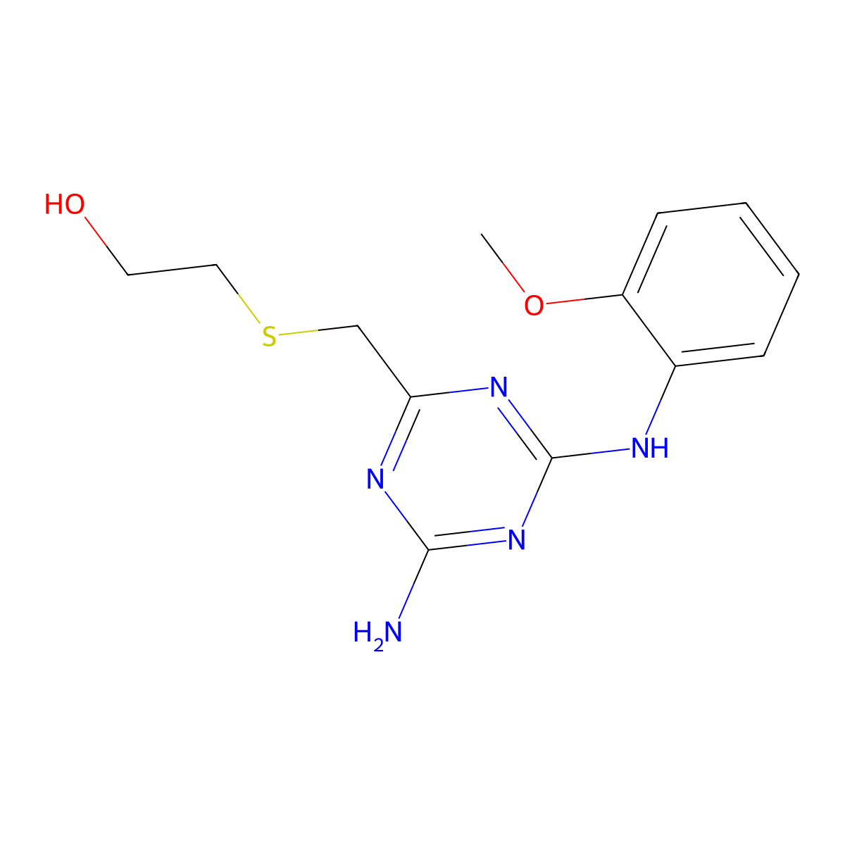 2-[({4-Amino-6-[(2-methoxyphenyl)amino]-1,3,5-triazin-2-yl}methyl)sulfanyl]ethanol molecular structure, CAS 669744-40-5