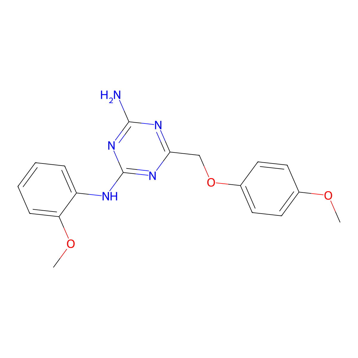 6-[(4-methoxyphenoxy)methyl]-N-(2-methoxyphenyl)-1,3,5-triazine-2,4-diamine molecular structure, CAS 669744-43-8