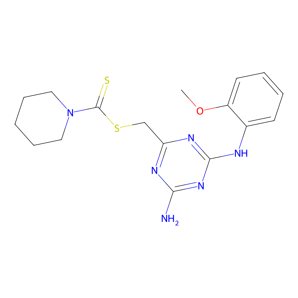 {4-Amino-6-[(2-methoxyphenyl)amino]-1,3,5-triazin-2-yl}methyl piperidine-1-carbodithioate molecular structure, CAS 669744-46-1