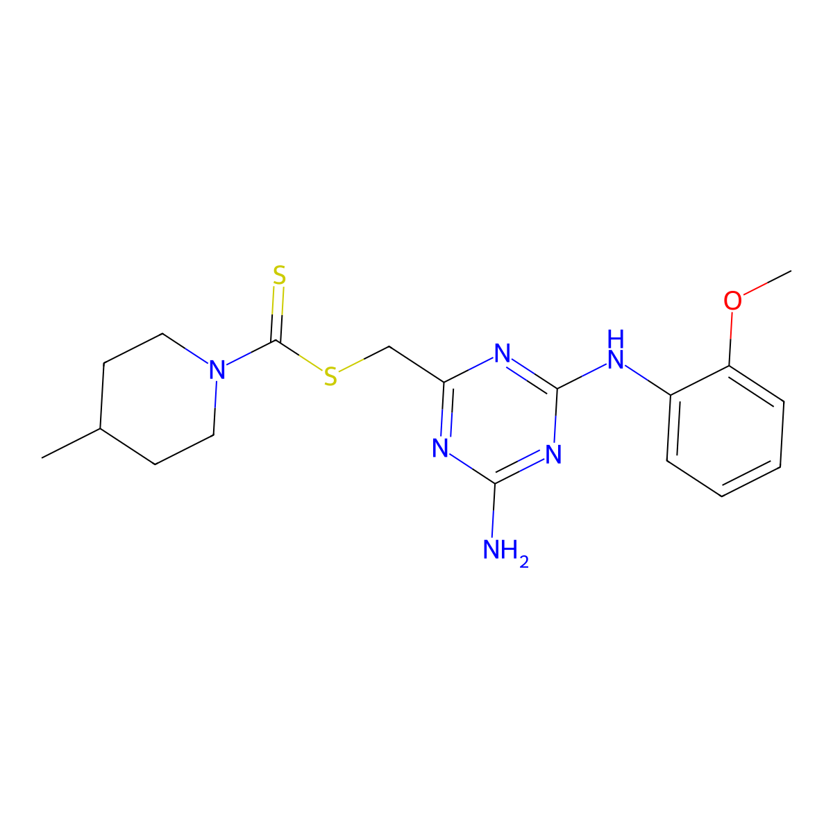 {4-Amino-6-[(2-methoxyphenyl)amino]-1,3,5-triazin-2-yl}methyl 4-methylpiperidine-1-carbodithioate molecular structure, CAS 669744-52-9