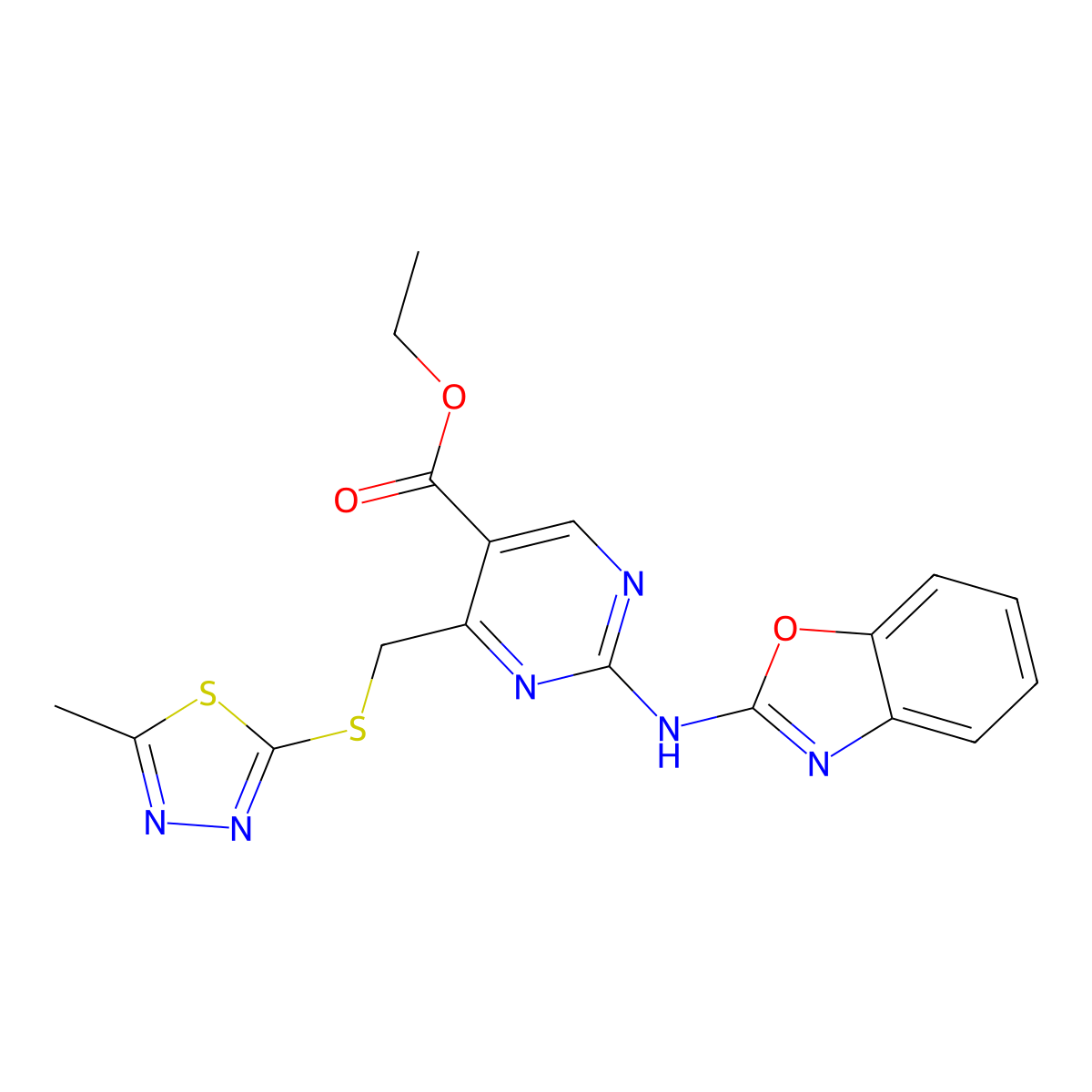 Ethyl 2-(1,3-benzoxazol-2-ylamino)-4-{[(5-methyl-1,3,4-thiadiazol-2-yl)thio]methyl}-5-pyrimidinecarboxylate molecular structure, CAS 669745-93-1