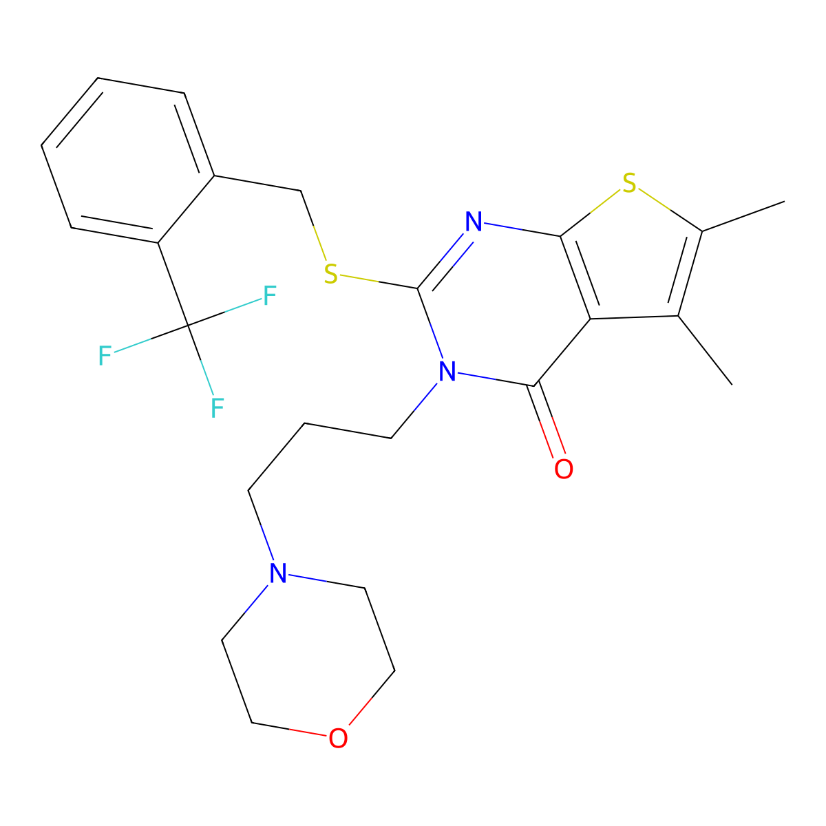 5,6-dimethyl-3-[3-(morpholin-4-yl)propyl]-2-{[2-(trifluoromethyl)benzyl]sulfanyl}thieno[2,3-d]pyrimidin-4(3H)-one molecular structure, CAS 669745-95-3
