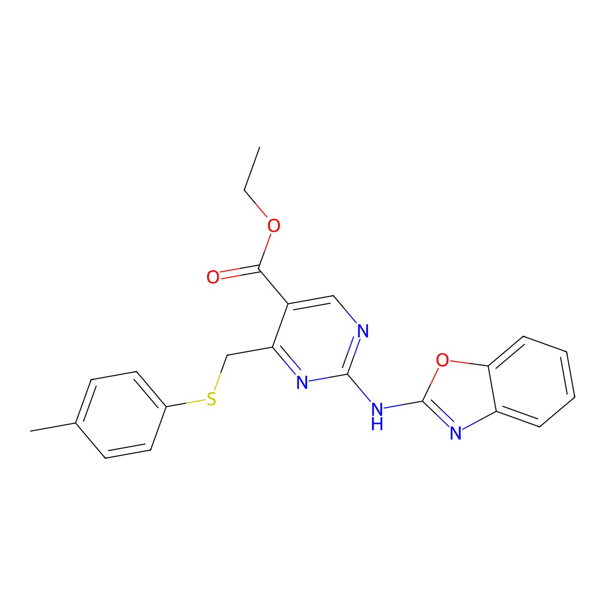 Ethyl 2-(1,3-benzoxazol-2-ylamino)-4-{[(4-methylphenyl)sulfanyl]methyl}pyrimidine-5-carboxylate molecular structure, CAS 669746-11-6