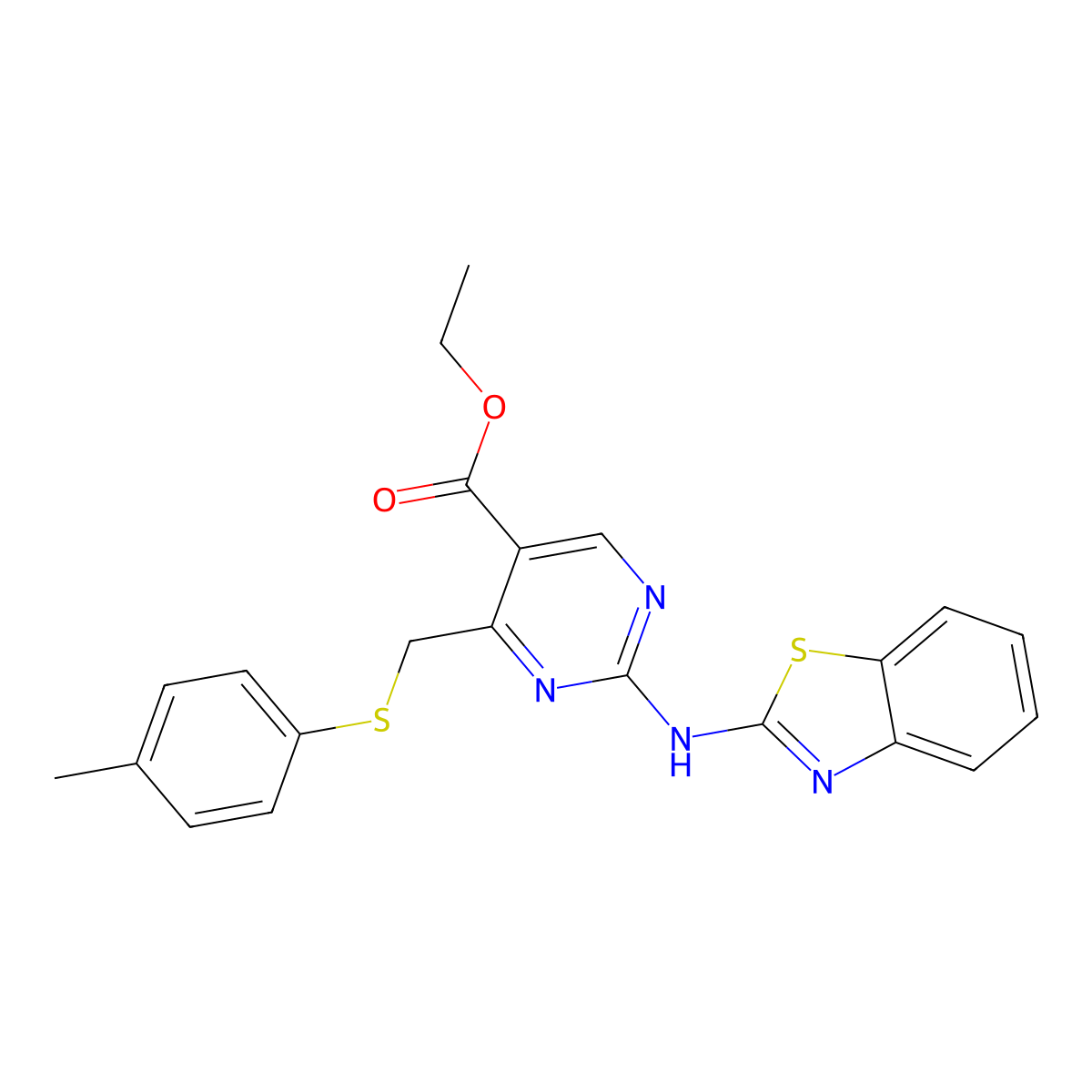 Ethyl 2-(1,3-benzothiazol-2-ylamino)-4-{[(4-methylphenyl)sulfanyl]methyl}pyrimidine-5-carboxylate molecular structure, CAS 669746-14-9